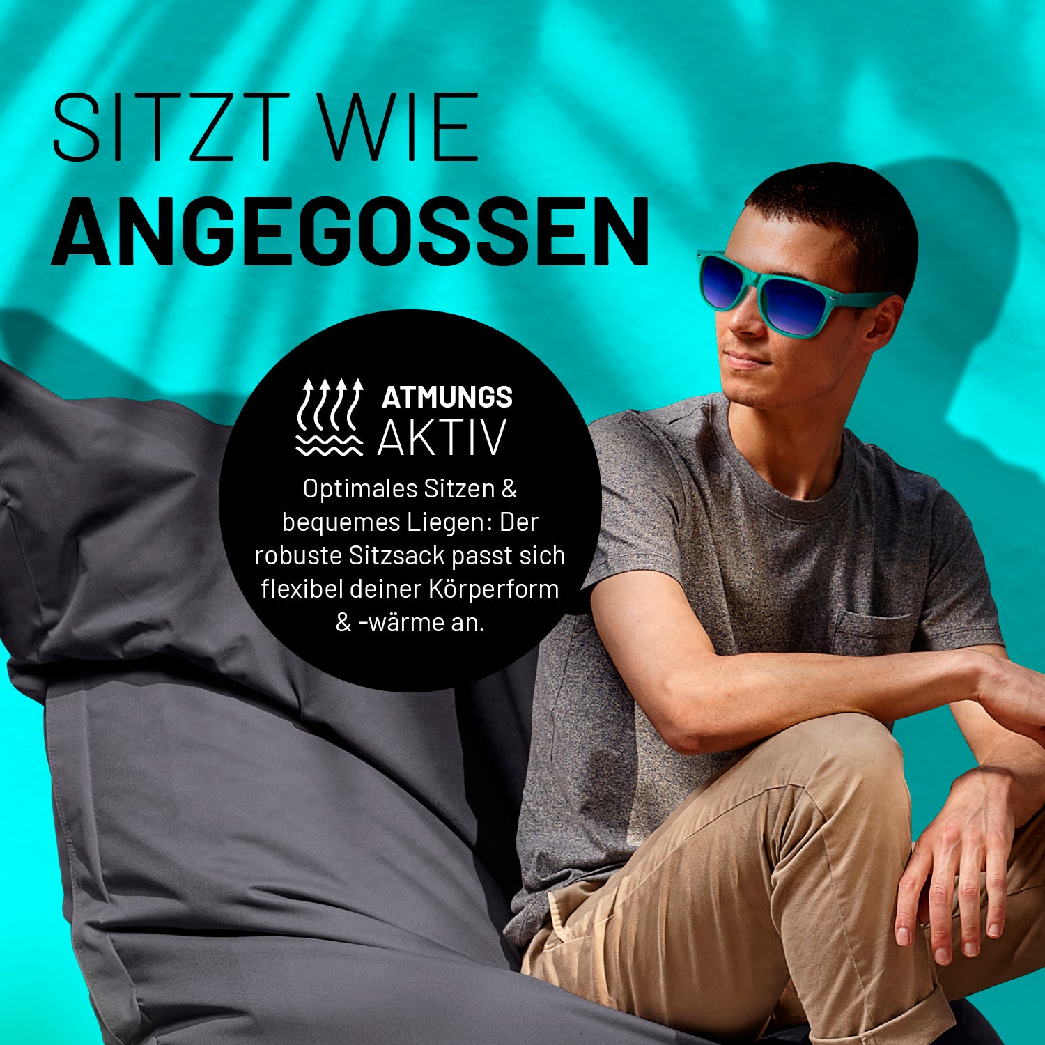 Sitzsack Classic XXL (380 L) in Anthrazit, robust, atmungsaktiv, passt sich Körperform für drinnen & draußen zum bequemen Sitzen & Liegen an.