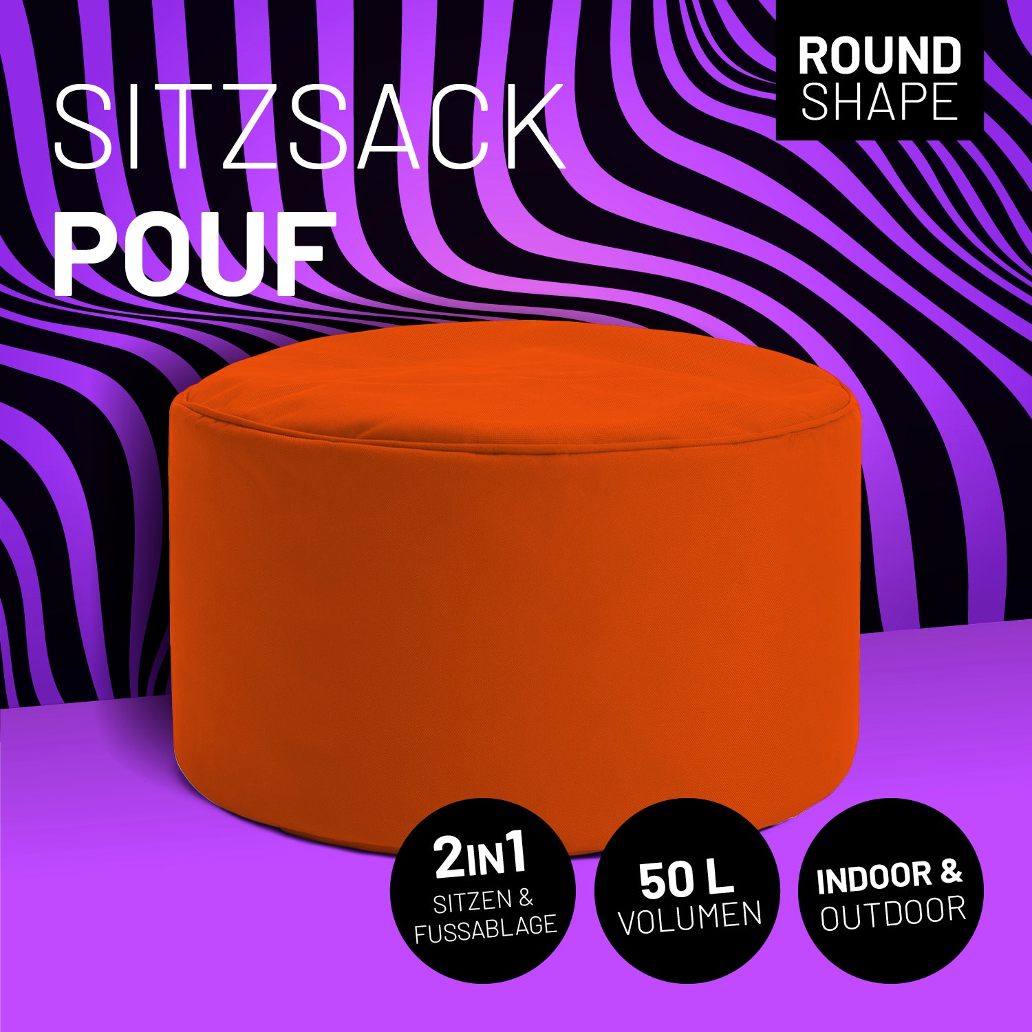 Sitzsack-Hocker/Pouf (50 L) in Orange, multifunktional für indoor & outdoor, leicht, langlebig mit hochwertiger Füllung und Abperleffekt.