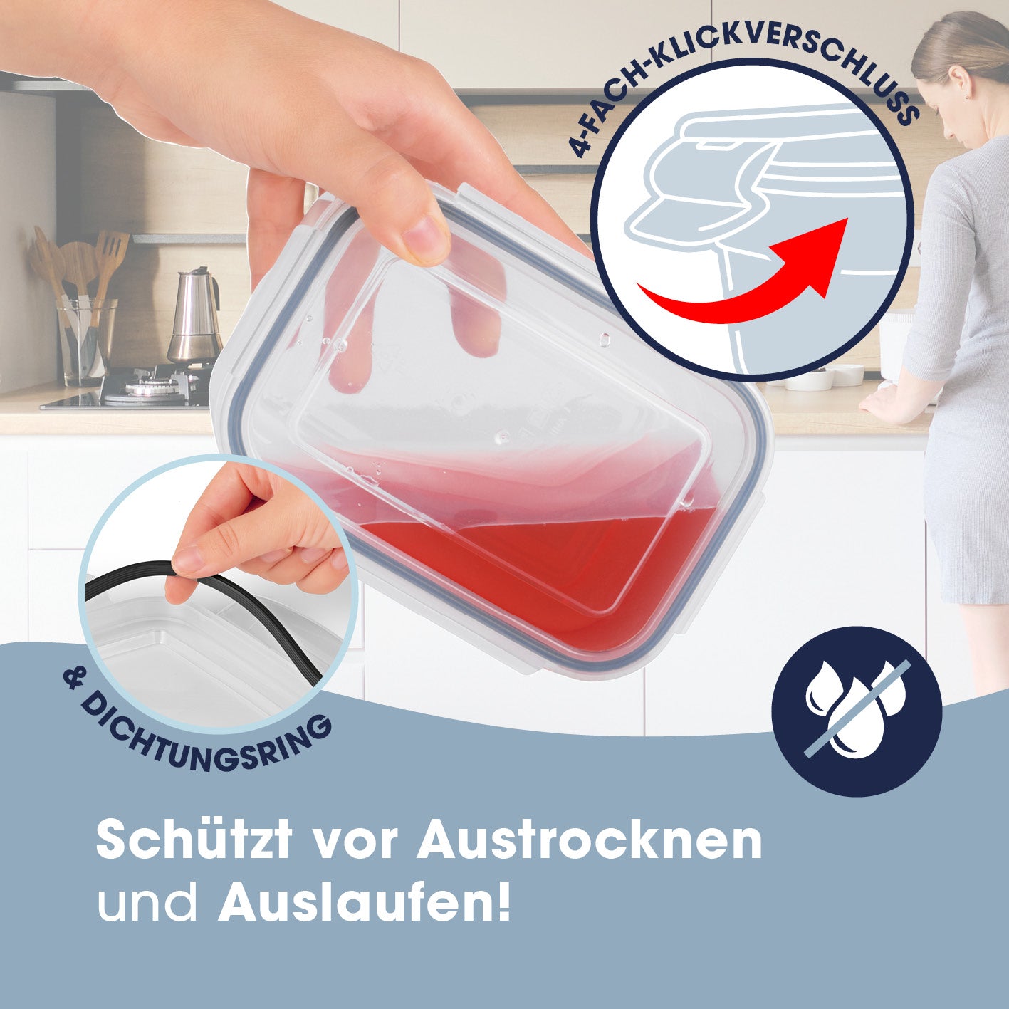 Frischhaltedosen für Kühlschrank mit Abtropfsieb, luftdicht, auslaufsicher mit Silikondichtung und 4-fach Klickverschluss.