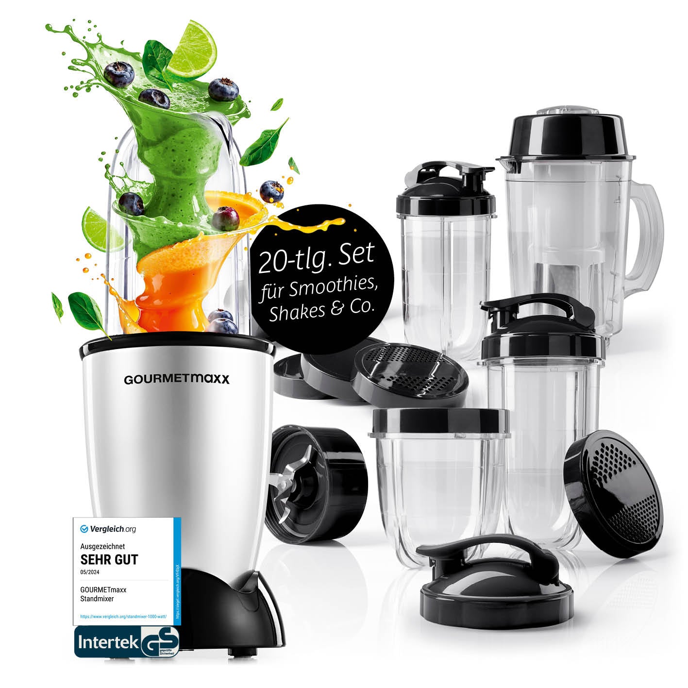 Mr. Magic Power 400 Pro mit Zubehörset XL - Silber/Schwarz Standmixer mit 20-teiligem Set für Smoothies, Shakes und mehr
