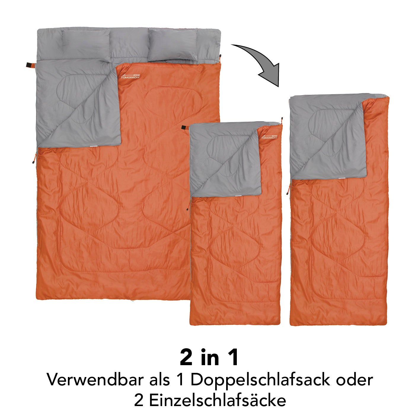 Doppelschlafsack mit Tragetasche - 2-Personen Schlafsack in Orange, wandelbar zu zwei Einzelschlafsäcken, wasserabweisend und komfortabel.