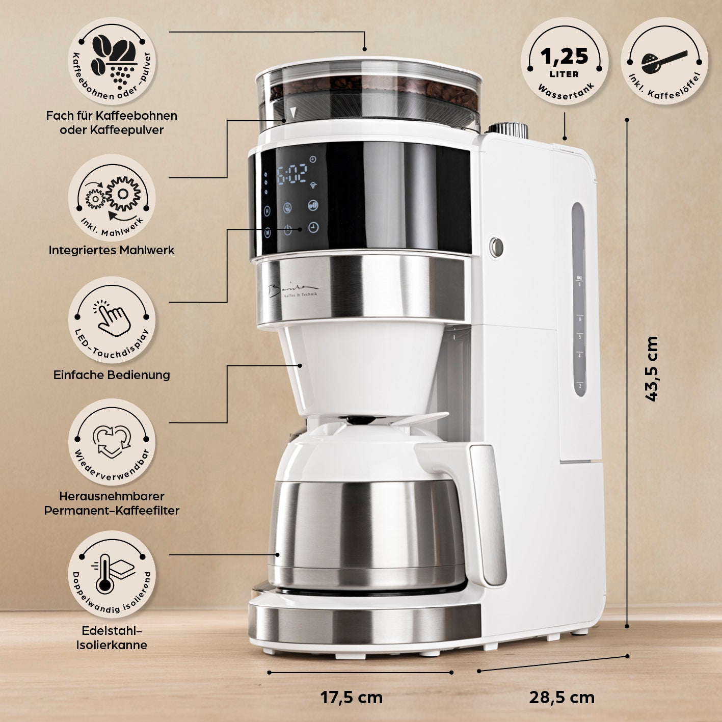 Filterkaffeemaschine Touch Iso mit Mahlwerk - Weiß, mit integriertem Mahlwerk, LED-Touchdisplay, Timer, 1,25 l Wassertank und Edelstahl-Isolierkanne.