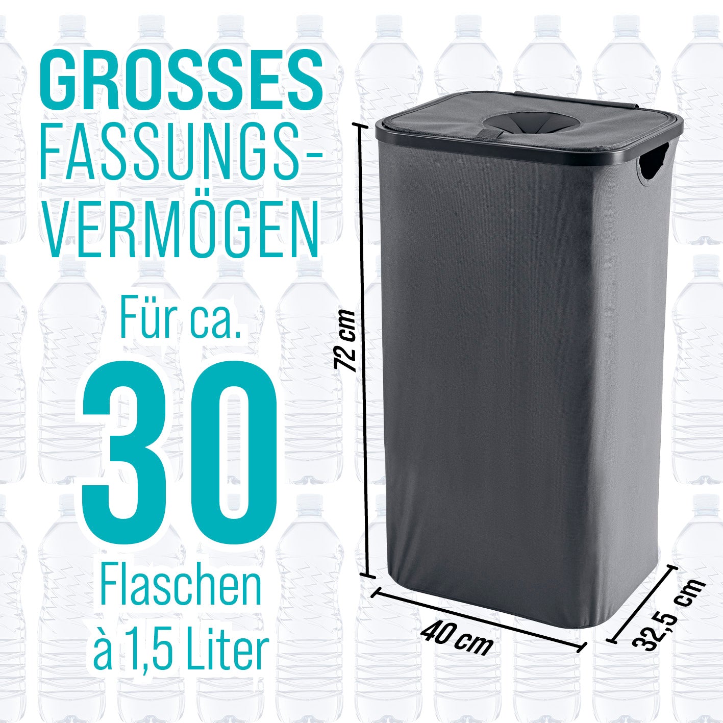 Pfandflaschen-Sammelbehälter - Anthrazit, großer wasserabweisender 100-l Behälter für ca. 30 Flaschen à 1,5 Liter, kompakt und geräumig.