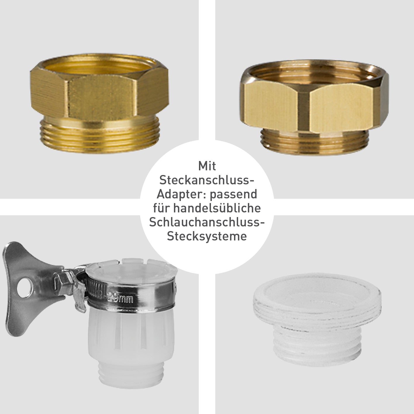 Durchlauferhitzer Kompakt Steckanschluss-Adapter für handelsübliche Schlauchanschluss-Stecksysteme, langlebig und praktisch.