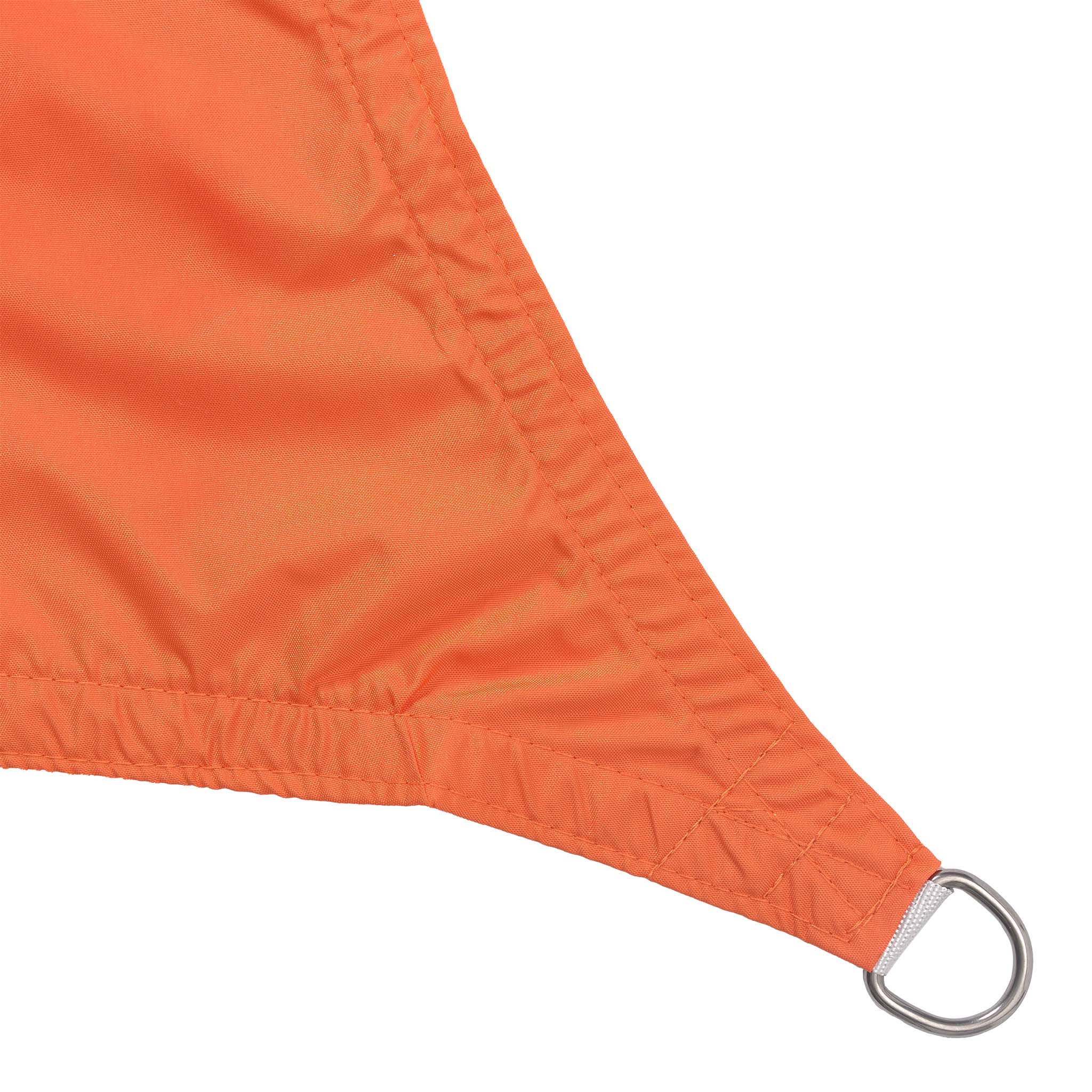 Sonnensegel Polyester - Dreieck 3 x 3 x 3 Meter - Orange mit robustem Material, rostfreiem Ring und stabiler Naht in dreieckiger Form.