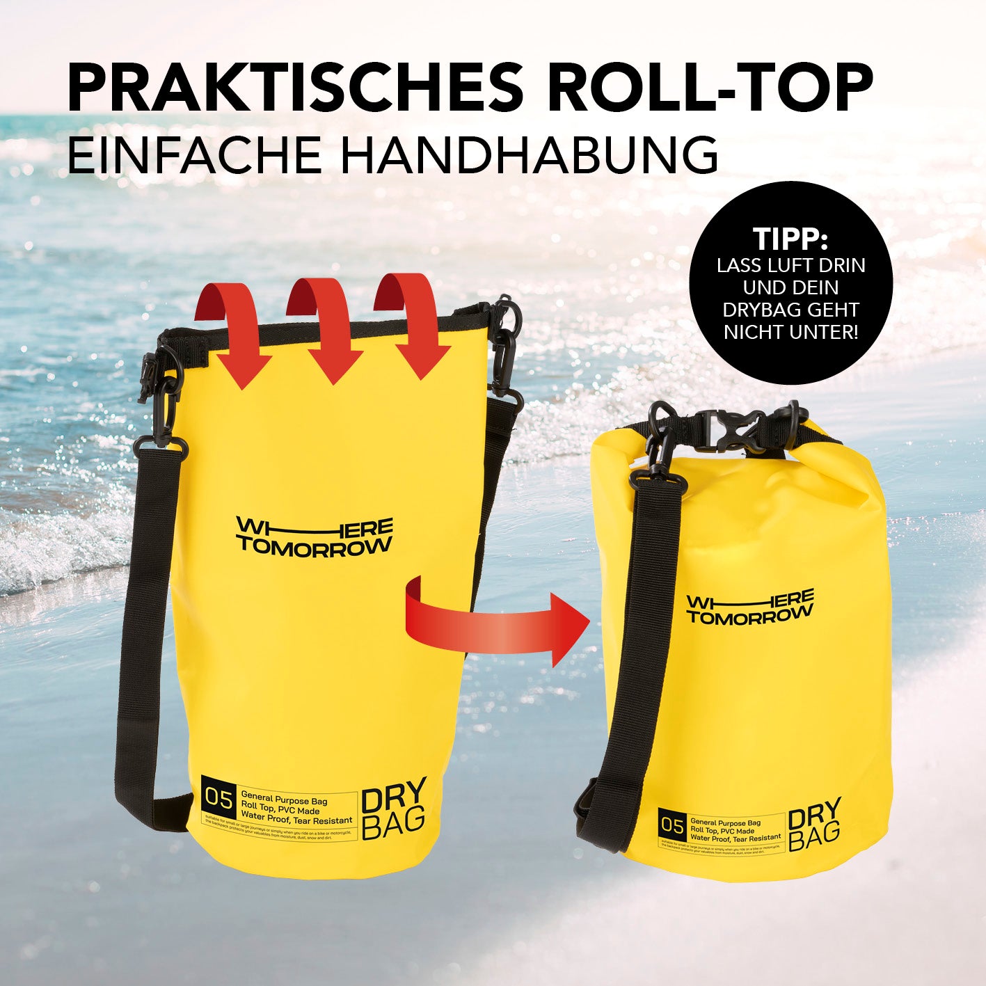 Dry Bag 5L - Style 01 - Gelb mit wasserdichtem Rolltop-Verschluss, robust und ideal für Outdoor-Abenteuer und Wassersportaktivitäten.