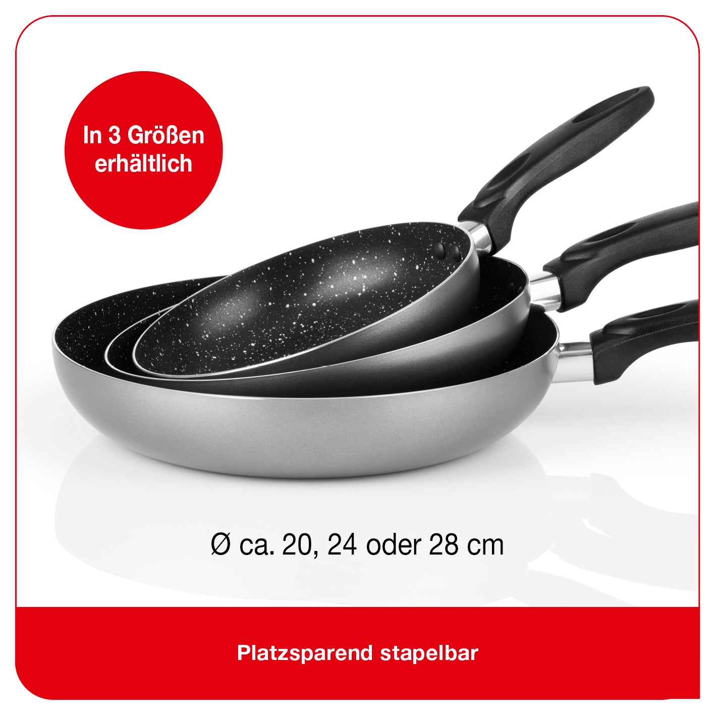 Aluminium-Pfanne mit Cool-Touch-Griff - 28 cm, stapelbar, antihaftbeschichtet und hitzebeständig bis 150 °C, spülmaschinengeeignet.