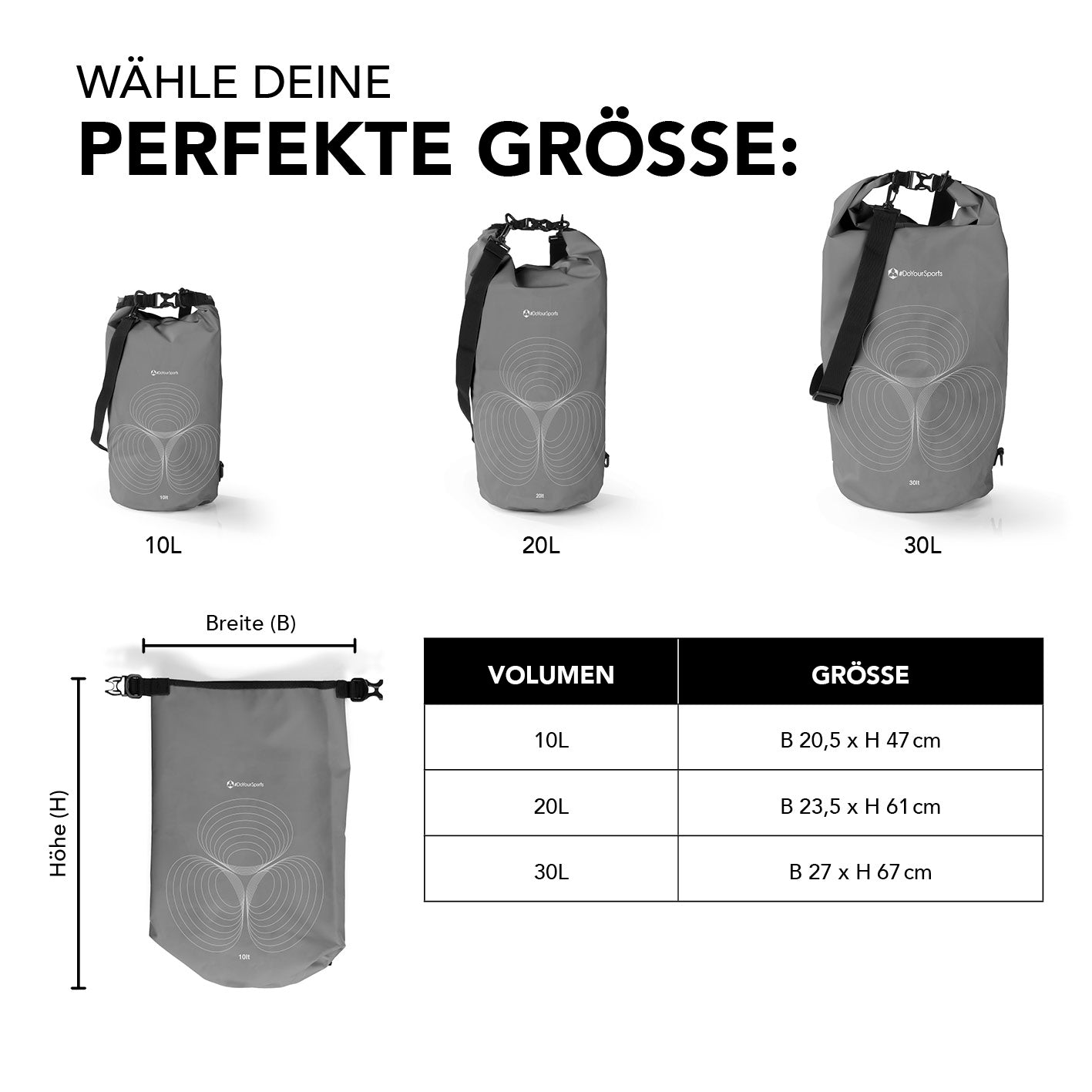 Dry Bag 10L - Grau wasserdichter Outdoor-Rucksack mit Rolltop-Verschluss und verstellbarem Schultergurt, robust und UV-geschützt.