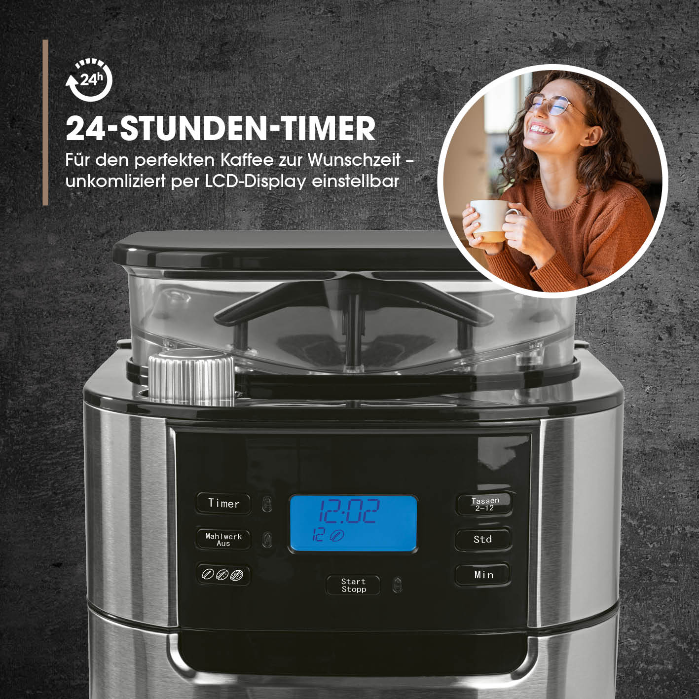 Kaffeemaschine mit Mahlwerk mit 24-Stunden-Timer, digitalem LCD-Bedienfeld und Glaskanne für bis zu 12 Tassen Kaffee.