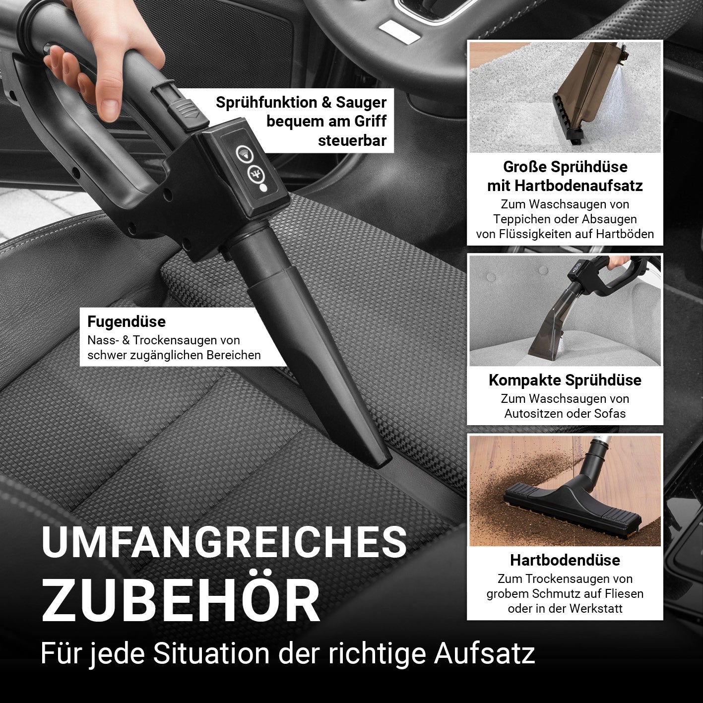 Sprüh- und Waschsauger Deep Clean mit Sprühfunktion und umfangreichem Zubehör für flexible Nass- und Trockenreinigung von Polstern und Böden.