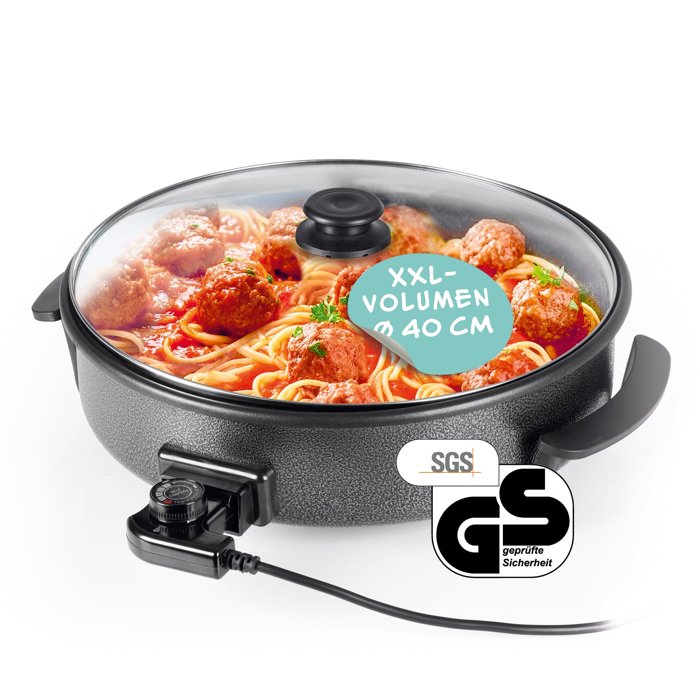 Pizza-Pfanne mit Deckel - Elektrisch 1500W - ⌀ 40 cm, antihaftbeschichtet mit Thermostat und extra hohem Rand für große Mengen.