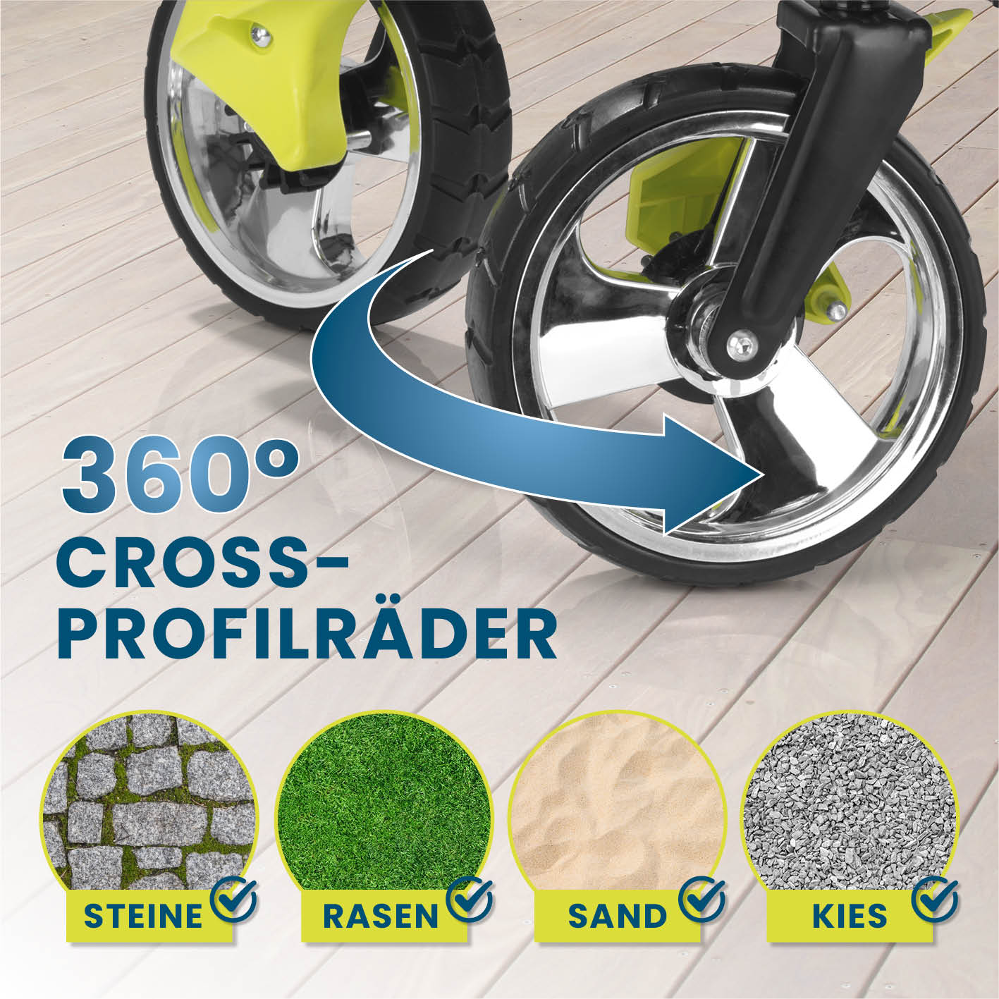 Faltbarer Bollerwagen - Grau mit 360°-Vorderrädern, geeignet für alle Untergründe wie Stein, Rasen, Sand und Kies.