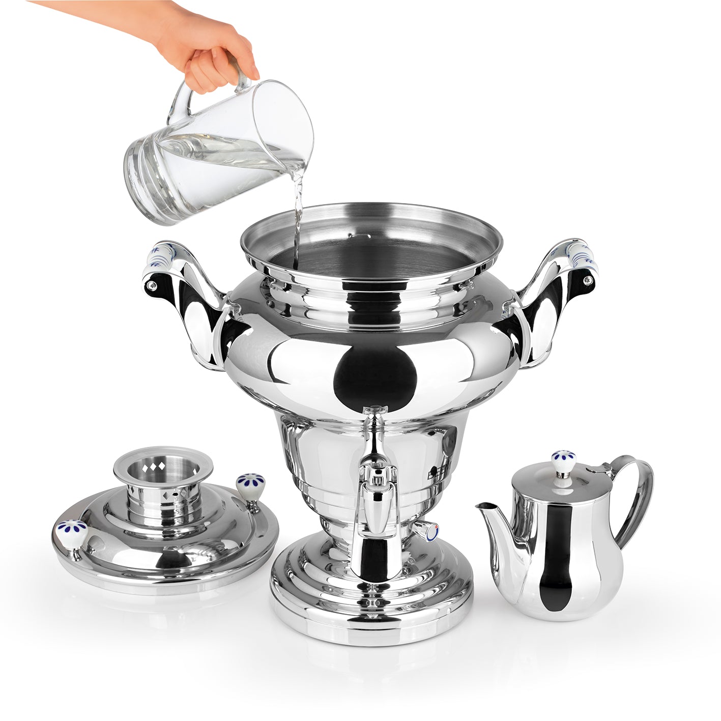 ROYAL+ Samowar - 15 L aus Edelstahl mit Dispenser und Teekanne, ideal für Tee und Heißwasser in großen Gruppen.