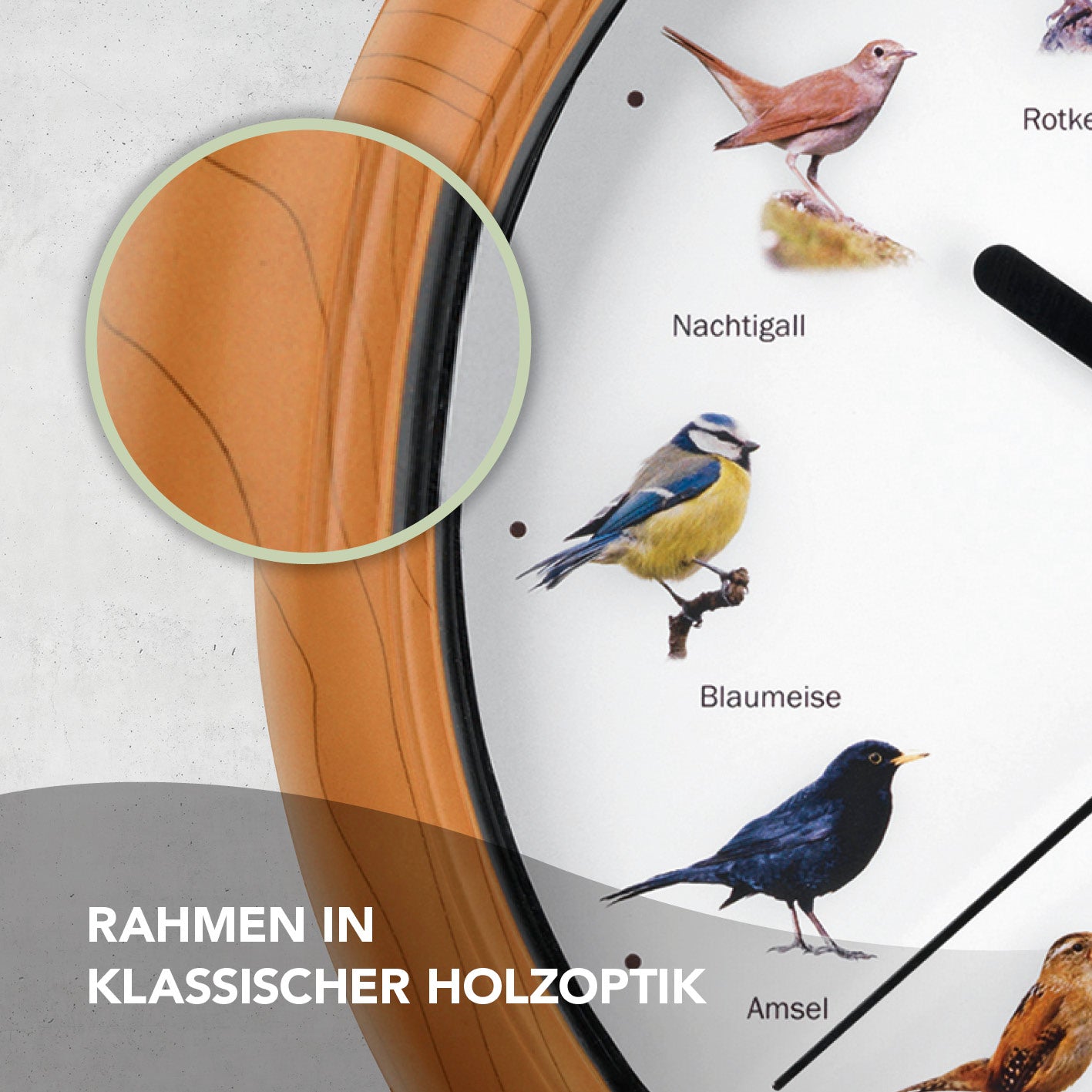 Wanduhr mit Vogelstimmen - 12 Singvogelstimmen, Holzrahmen, naturgetreue Vogelmotive, batteriebetrieben, automatische Abschaltung nachts.