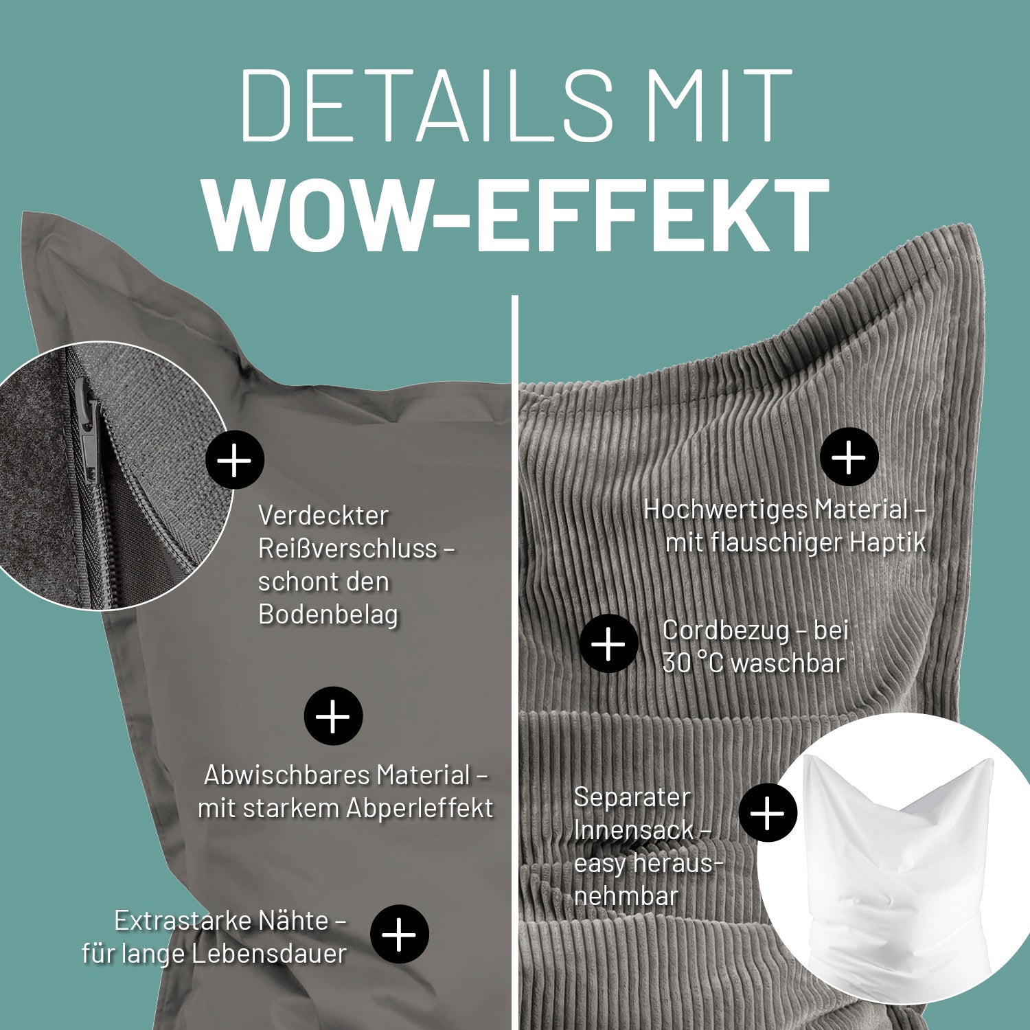 Sitzsack Classic XXL All-in-One Set - 380 L - 140 x 180 cm - Grau mit abwaschbarem Material und waschbarem Cordbezug, verstecktem Reißverschluss.