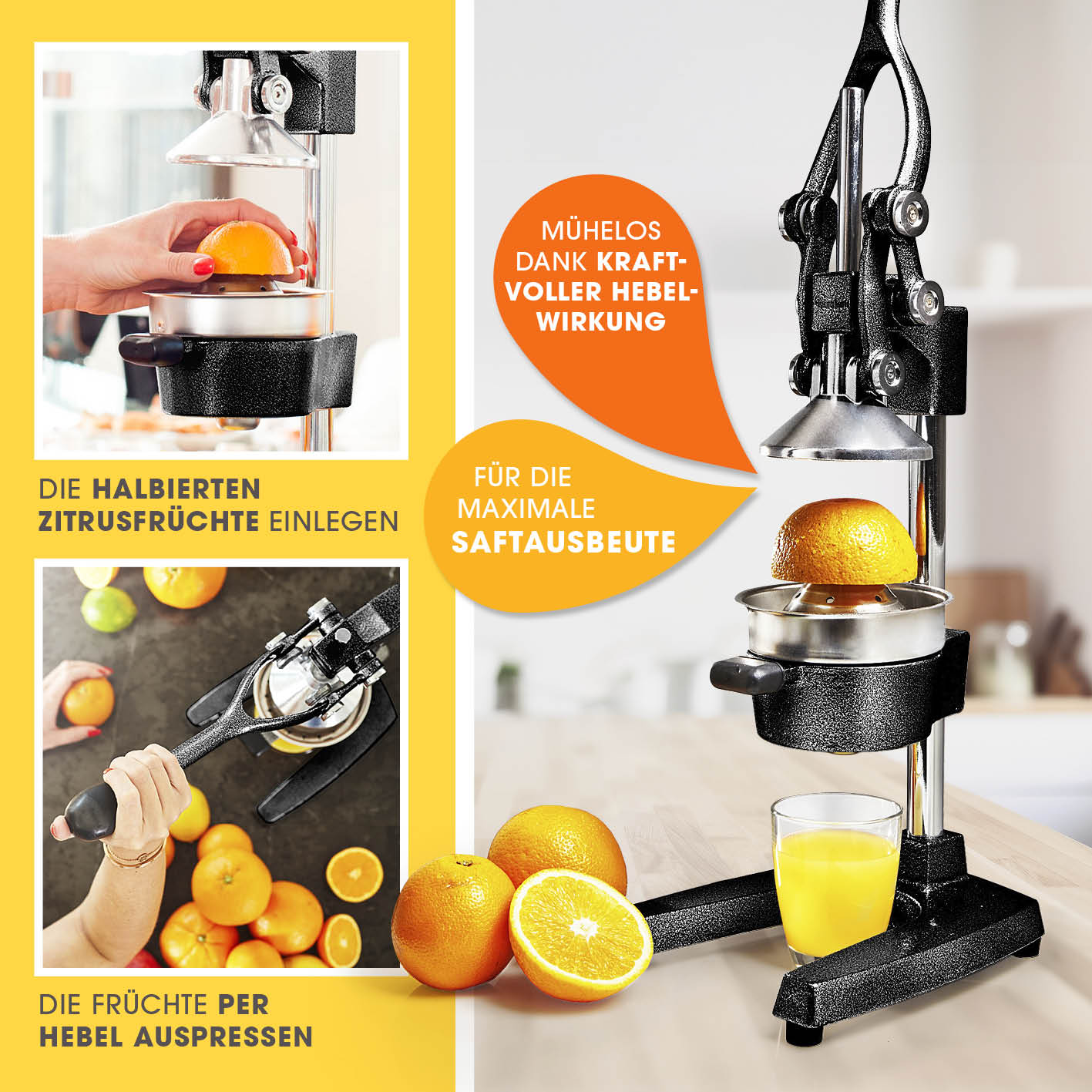 Set Saftpresse & Orangenspender - Schwarz/Silber mit kraftvoller Hebelwirkung zum mühelosen Auspressen von Zitrusfrüchten für maximale Saftausbeute.