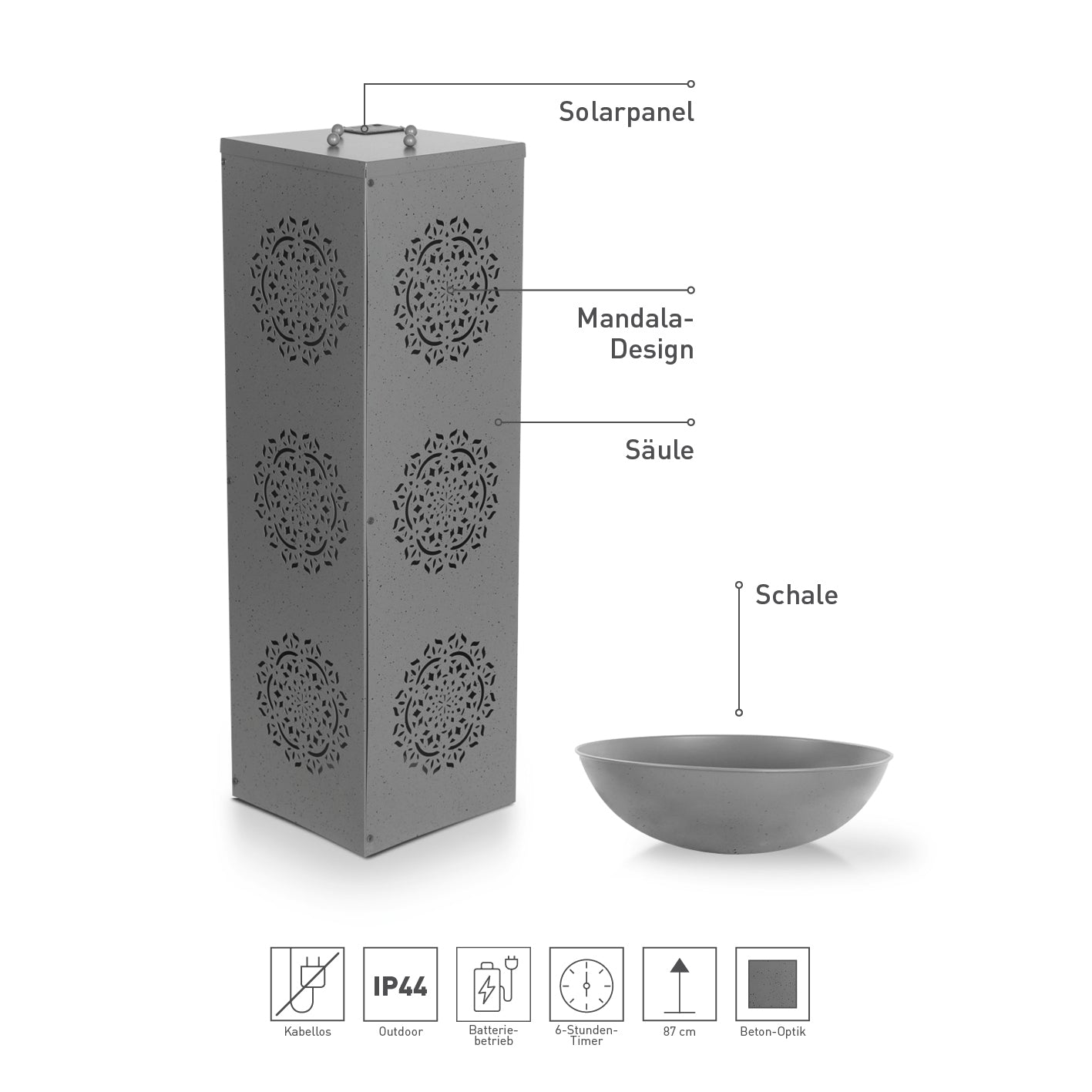 LED-Dekosäule Beton-Optik "Mandala" - 87 cm mit Solarpanel, Mandala-Design und Pflanzschale für Outdoor-Dekoration.