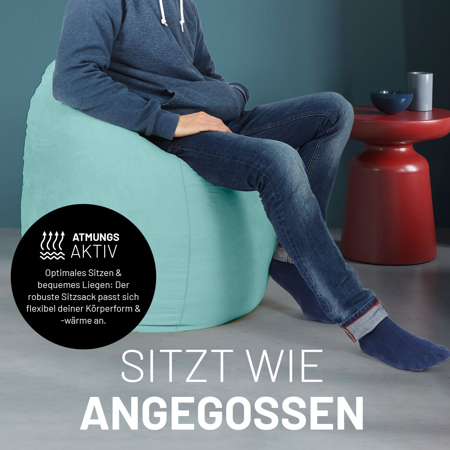 Luxury XL PLUS Sitzsack (220 L) Türkis, atmungsaktiv, flexible Anpassung, ergonomisch, hochwertiges Material, perfekte Sitz- und Liegeposition.