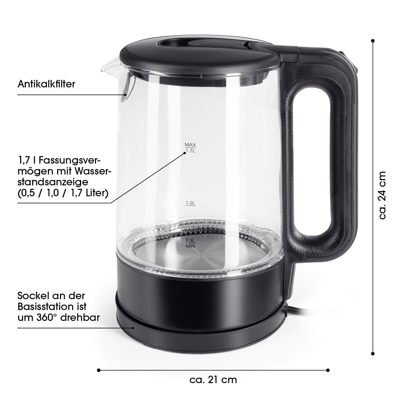 Glas-Wasserkocher LED - 1,7l - schwarz matt mit Wasserstandsanzeige, Antikalkfilter, 360° drehbarem Sockel und modernem Design.