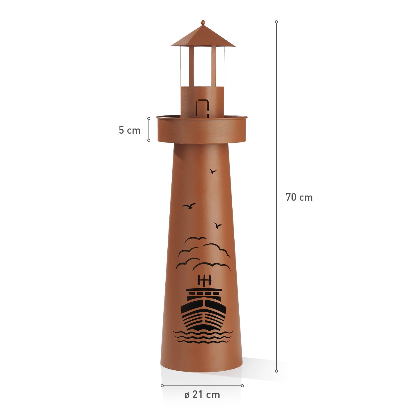 LED-Dekosäule Leuchtturm - 70 cm - braun mit maritimem Design, LED-Beleuchtung und bepflanzbarer oberer Plattform.