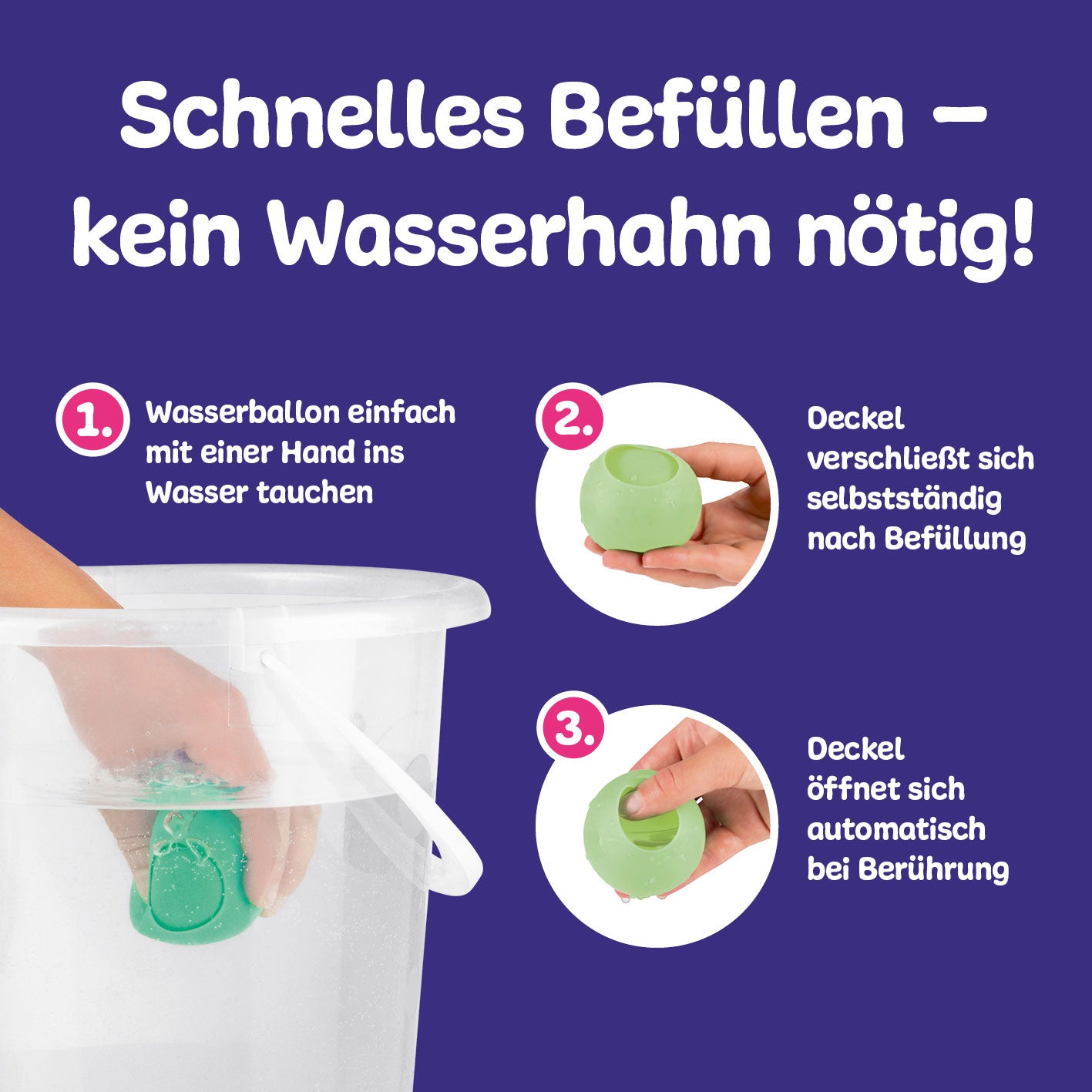 Wiederverwendbare Wasserbomben - 24 Stück zeigen schnelles Befüllen ohne Wasserhahn dank selbstschließendem Deckel.
