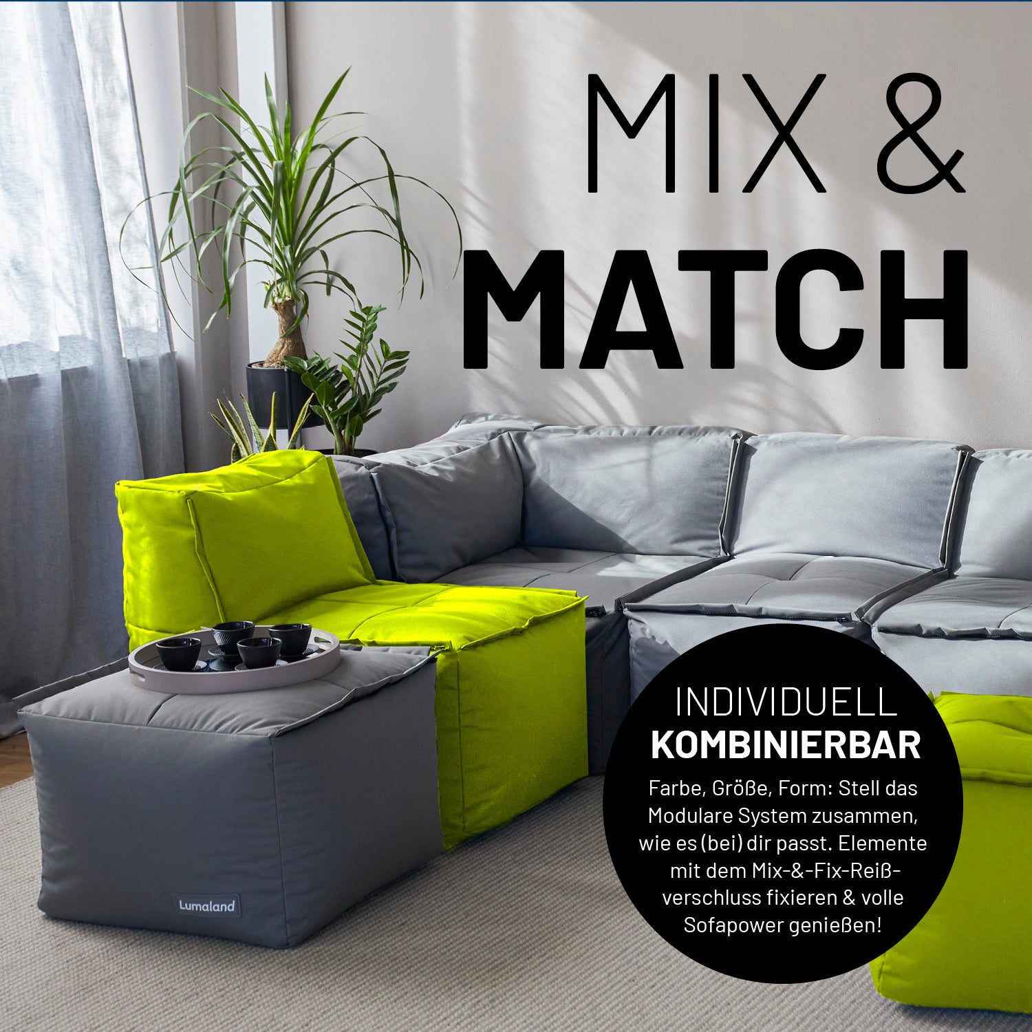 Sitzsack-Hocker (200 L) Apfelgrün im modularen System, indoor & outdoor, mit Mix-&-Fix-Reißverschluss, langlebig und vielseitig kombinierbar.