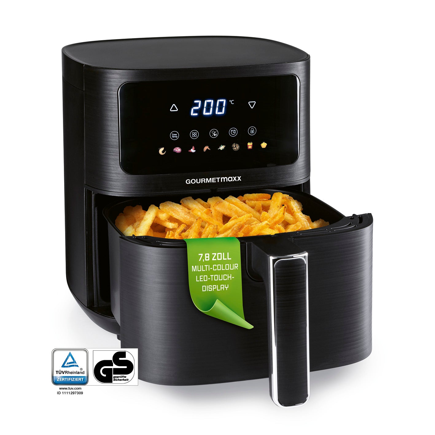 Heißluftfritteuse - 4,5 Liter mit 7,8 Zoll LED-Touchdisplay, 1500 Watt und fettarmem Heißluftzirkulationssystem.