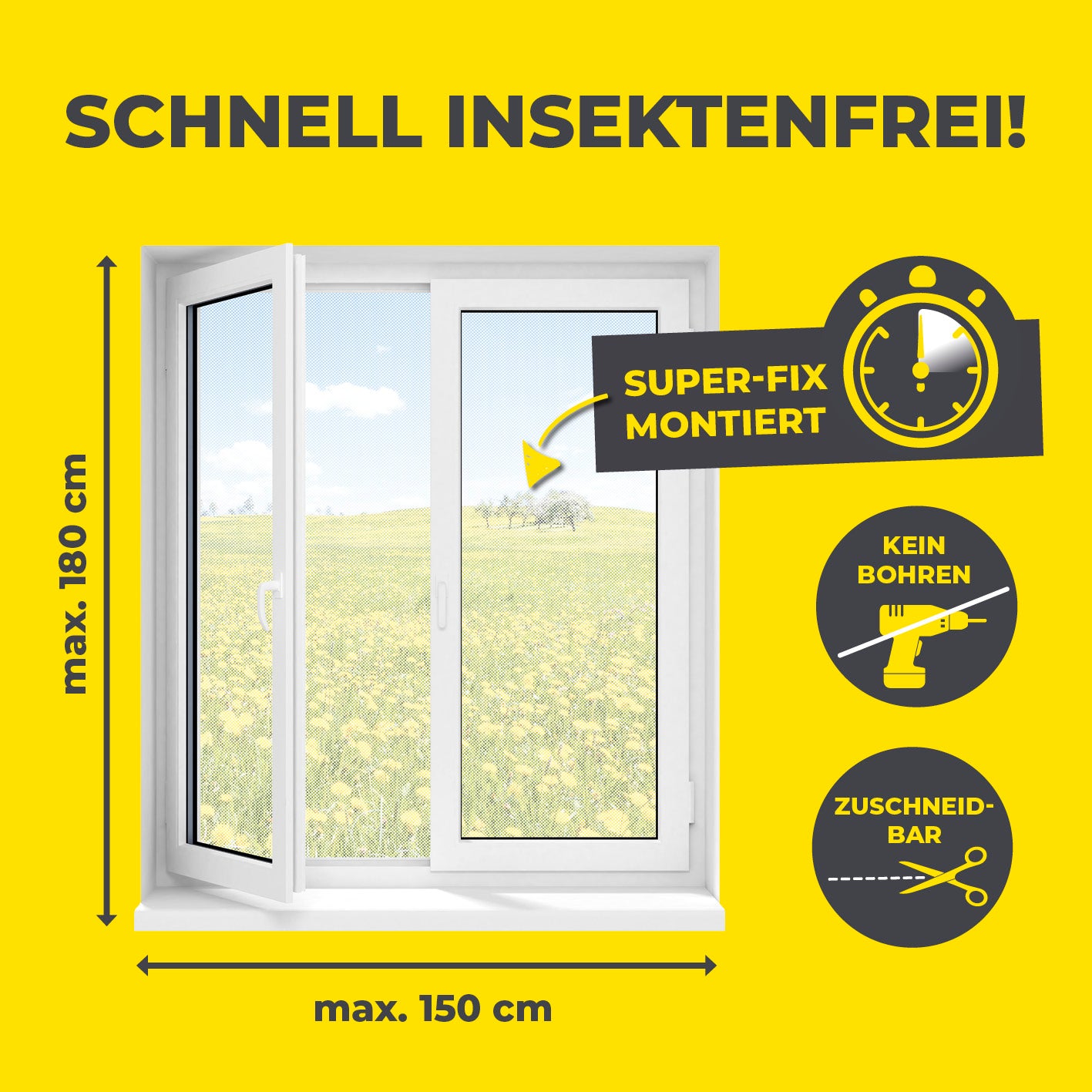 Insektenschutzgitter mit Magnetbefestigung - 4er-Set - 150 x 180 cm - Weiß, schnell montierbar, kein Bohren, zuschneidbar, schützt vor Insekten.