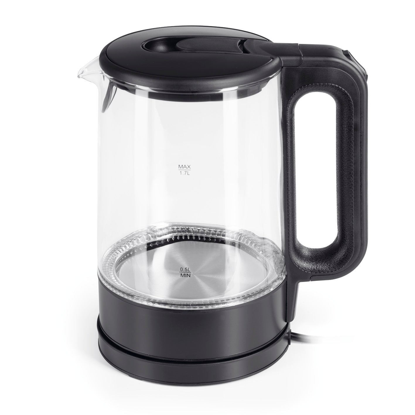 Glas-Wasserkocher LED - 1,7l - schwarz matt mit Wasserstandsanzeige, blauem LED-Effekt und 360° drehbarem Sockel.