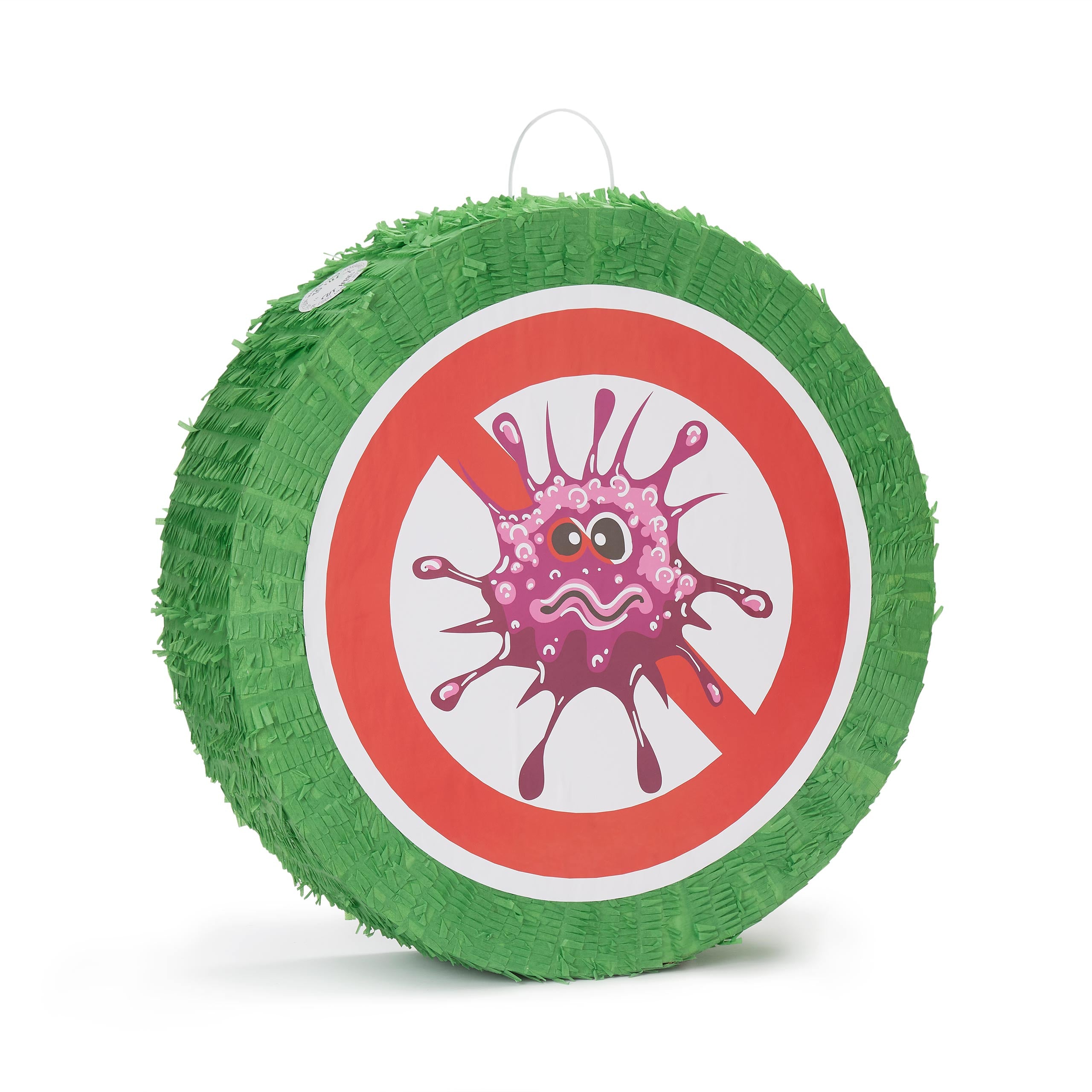Pinata Set zum Befüllen inkl. Schläger & Augenbinde "Beat The Virus" mit grünem Virus-Motiv und Konfetti für Kindergeburtstag.