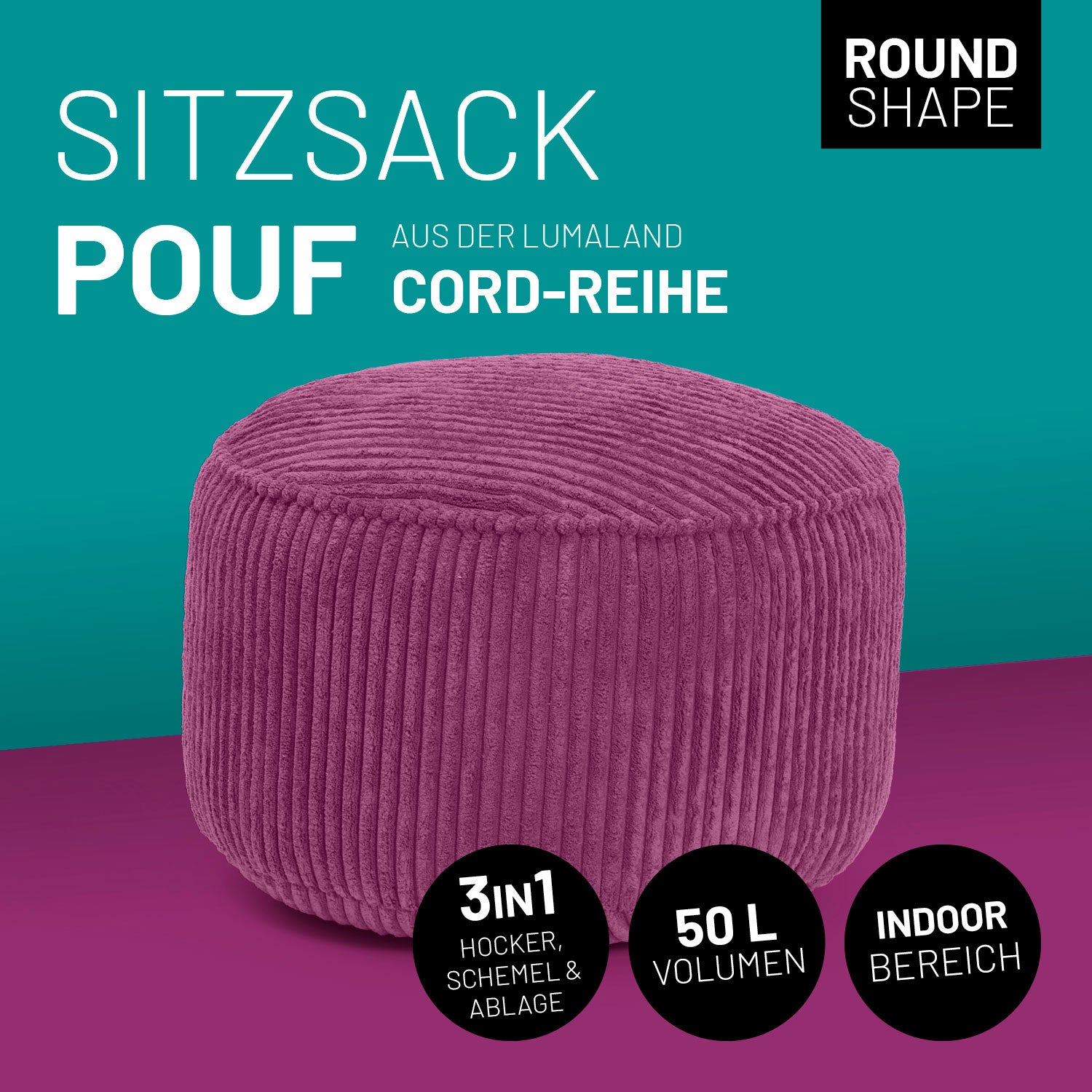 Sitzsack Pouf aus der Cord-Reihe - Weinrot, rund, 3in1 Funktion als Hocker, Schemel und Ablage mit hochwertigem Cordbezug.