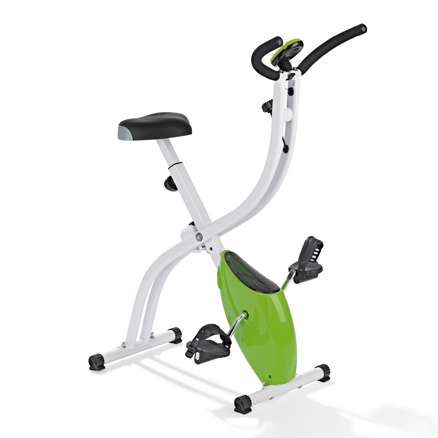 Heimtrainer mit magnetischer Bremse, kompakt, klappbar, Trainingscomputer mit LCD-Display, 8 Widerstandsstufen, sicherer Stand, max. 100 kg Nutzergewicht.