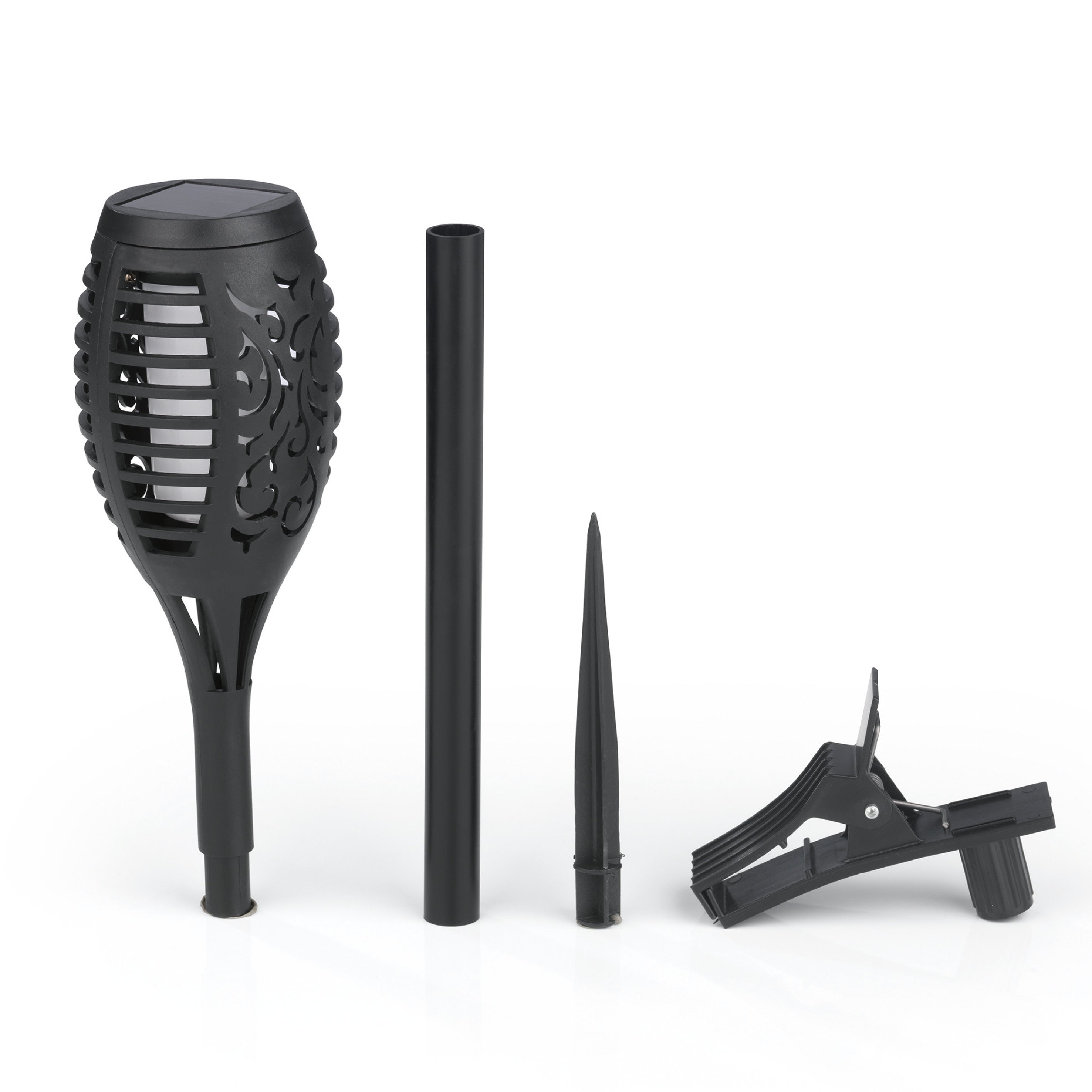 Solar-Fackel LED mit Tageslichtsensor - 2er-Set - schwarz, wetterbeständig mit Flammeneffekt, Clip und Erdspieß zur Befestigung.