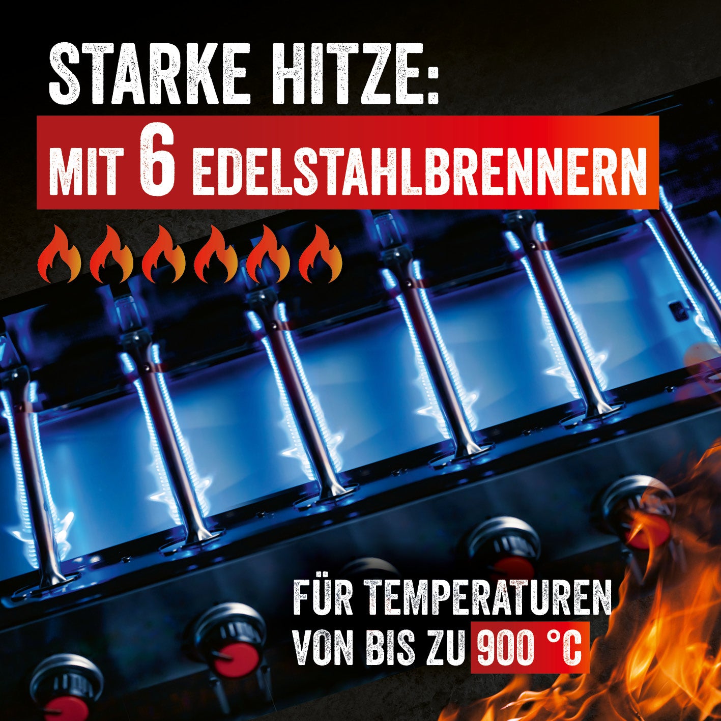 Gasgrill Rexon 6.1 cooK Edelstahl mit 6 stufenlos einstellbaren Edelstahlbrennern für bis zu 900°C Grilltemperatur.