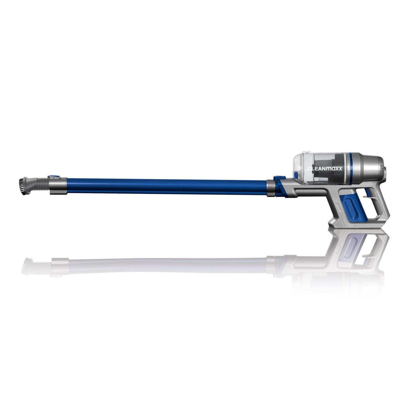 Akku-Zyklon-Staubsauger - silber/blau mit starkem Akku, beutelloser Zyklon-Technologie und verlängerbarem Aluminium-Steckrohr bis 72 cm.