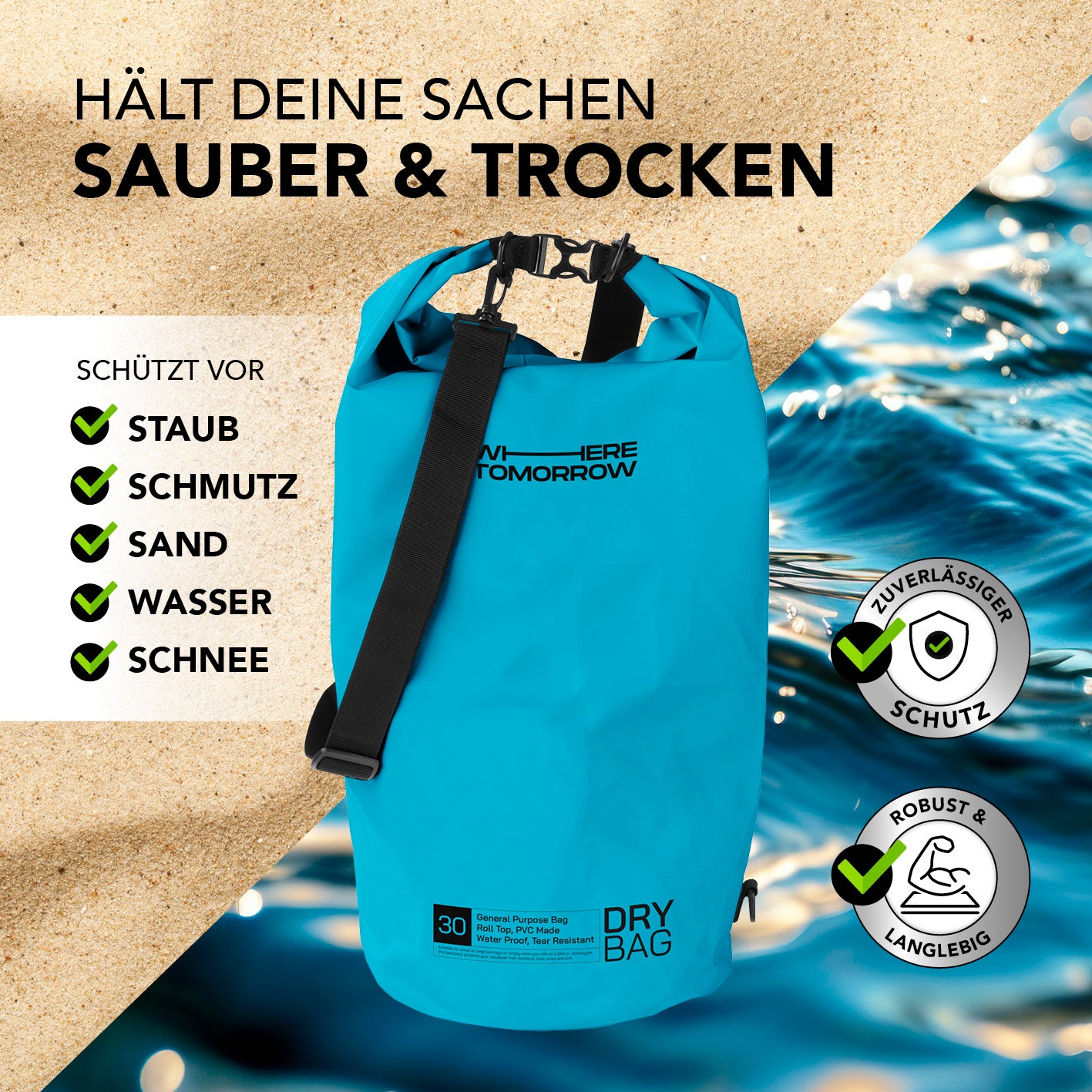 Dry Bag 30L - Style 01 - Himmelblau wasserdichter, robuster Rucksack schützt vor Staub, Schmutz, Sand, Wasser und Schnee.