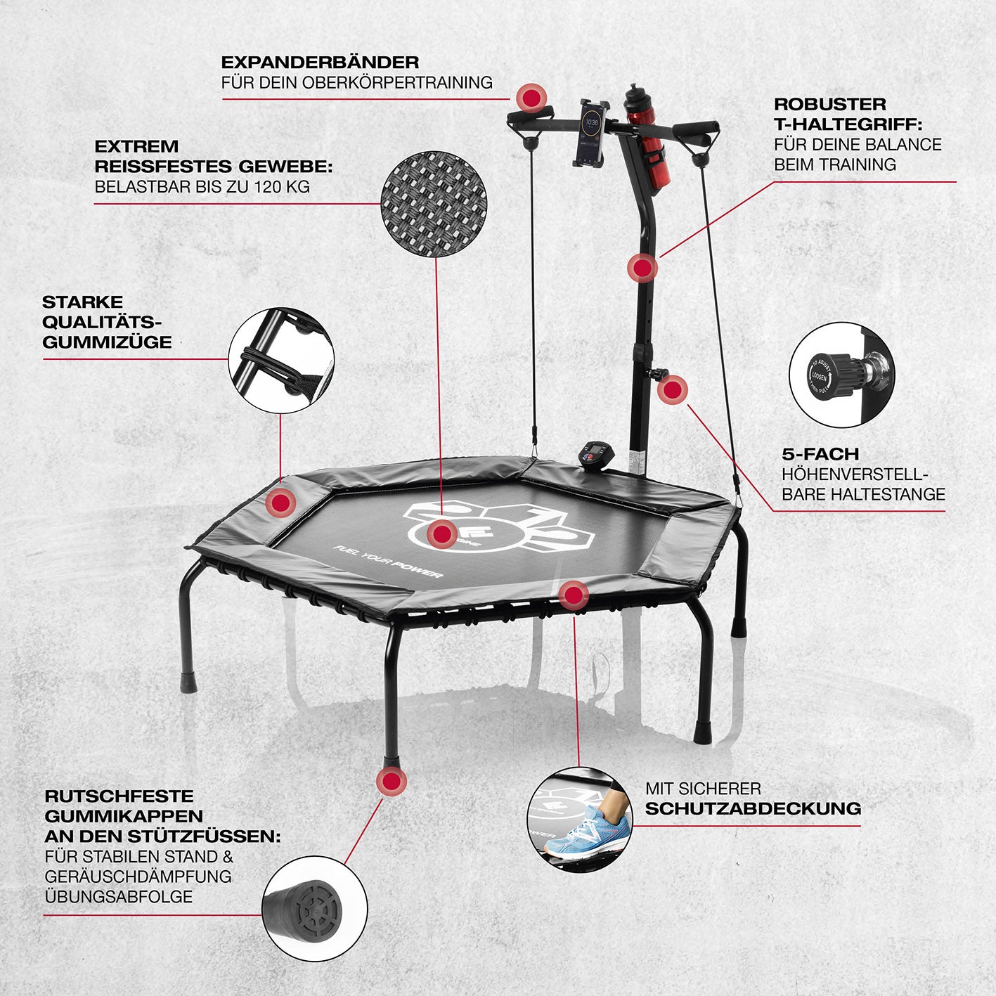 Fitness-Trampolin Smart mit 5-fach höhenverstellbarem Haltegriff, Expanderbändern, rutschfesten Füßen und robustem T-Haltegriff.
