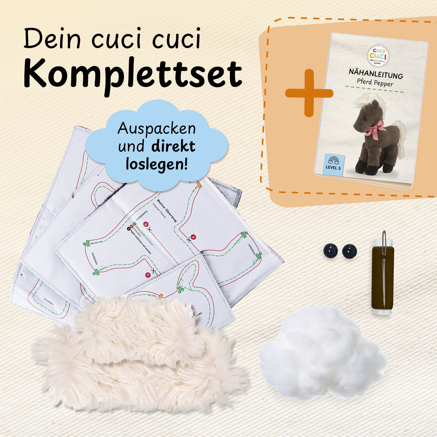 Näh-Baukastenset Motiv Pferd Pepper mit kompletten Materialien und Anleitung für kinderleichtes Nähen ab Level 2 von cuci cuci.