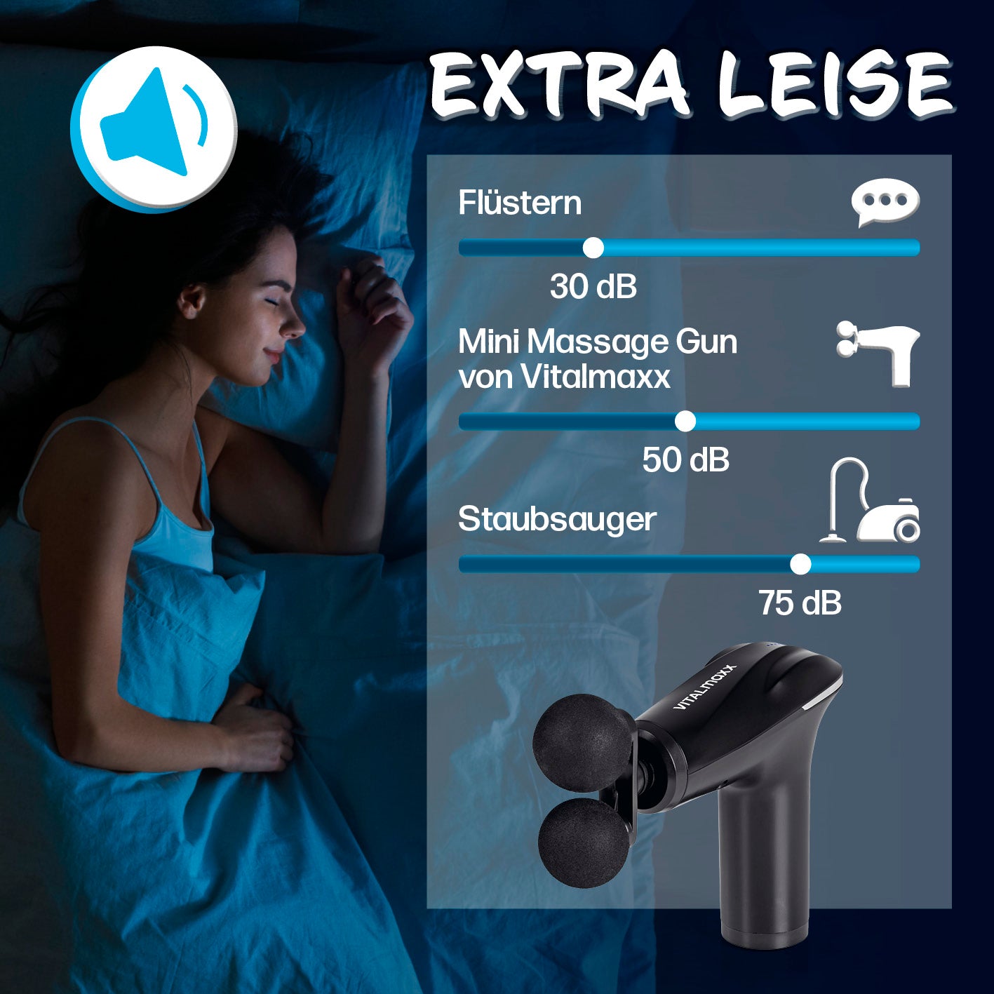 Mini Massage Gun mit 4 Aufsätzen von Vitalmaxx, kraftvoll und extra leise mit bis zu 120 Min. Laufzeit, ideal für zuhause.