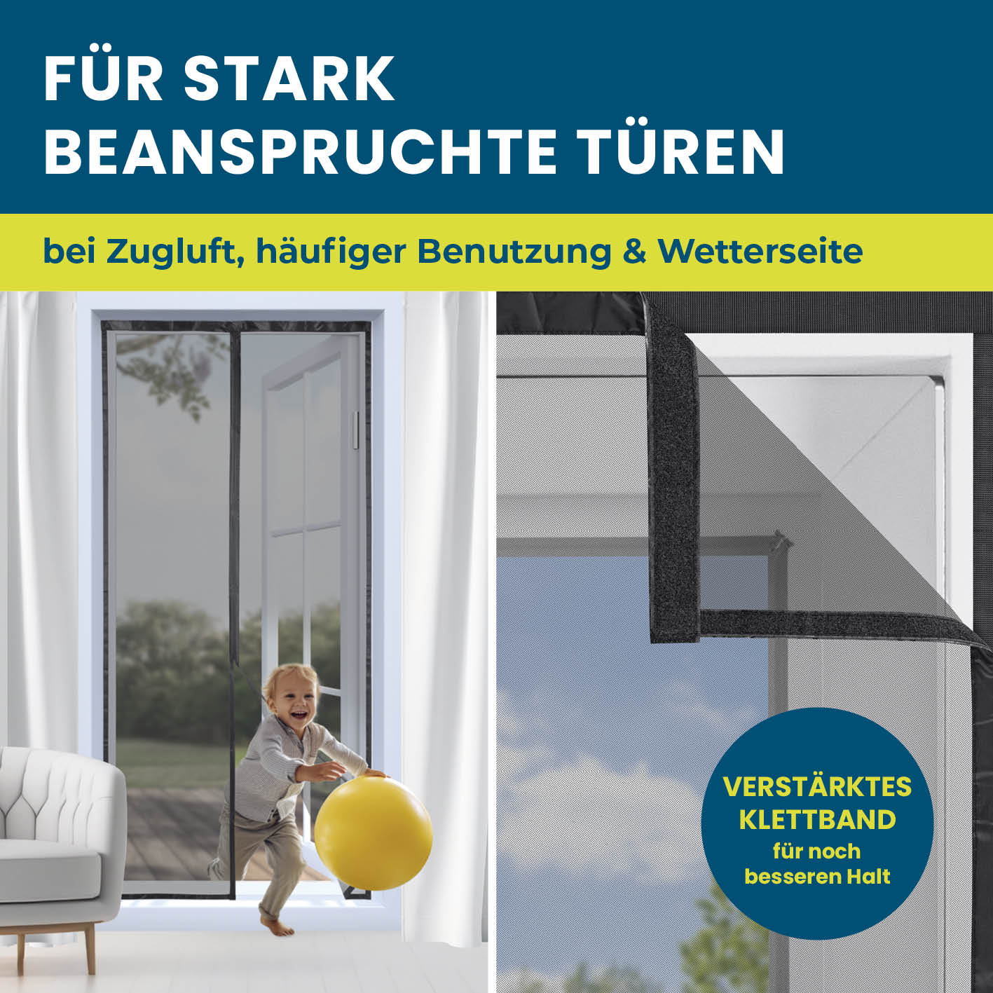 Insektenschutzvorhang - mit XXL-Magnetbändern - 90 x 210 cm, strapazierfähig, luftdurchlässig, mit verstärktem Klettband für stark beanspruchte Türen.