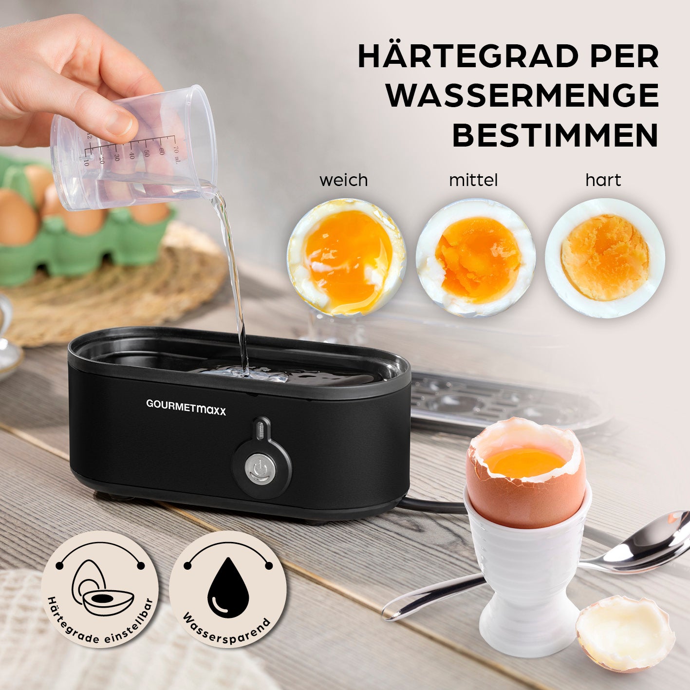 Design-Eierkocher 3 Eier - Schwarz mit Messbecher zum Bestimmen des Härtegrads von weich bis hart für perfekte Eier ohne Herd.
