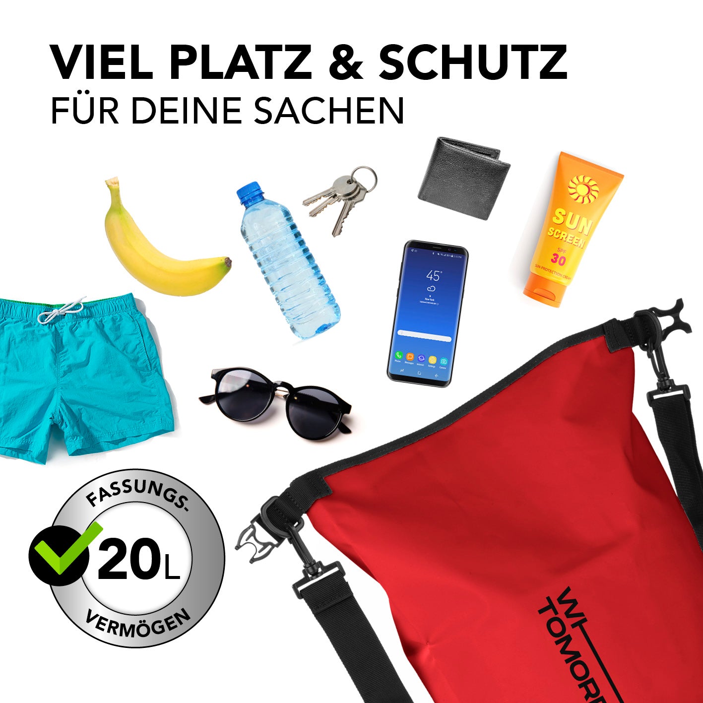 Dry Bag 20L - Style 02 - Rot mit wasserdichtem Verschluss und großem Stauraum für Outdoor-Ausrüstung und persönliche Gegenstände.