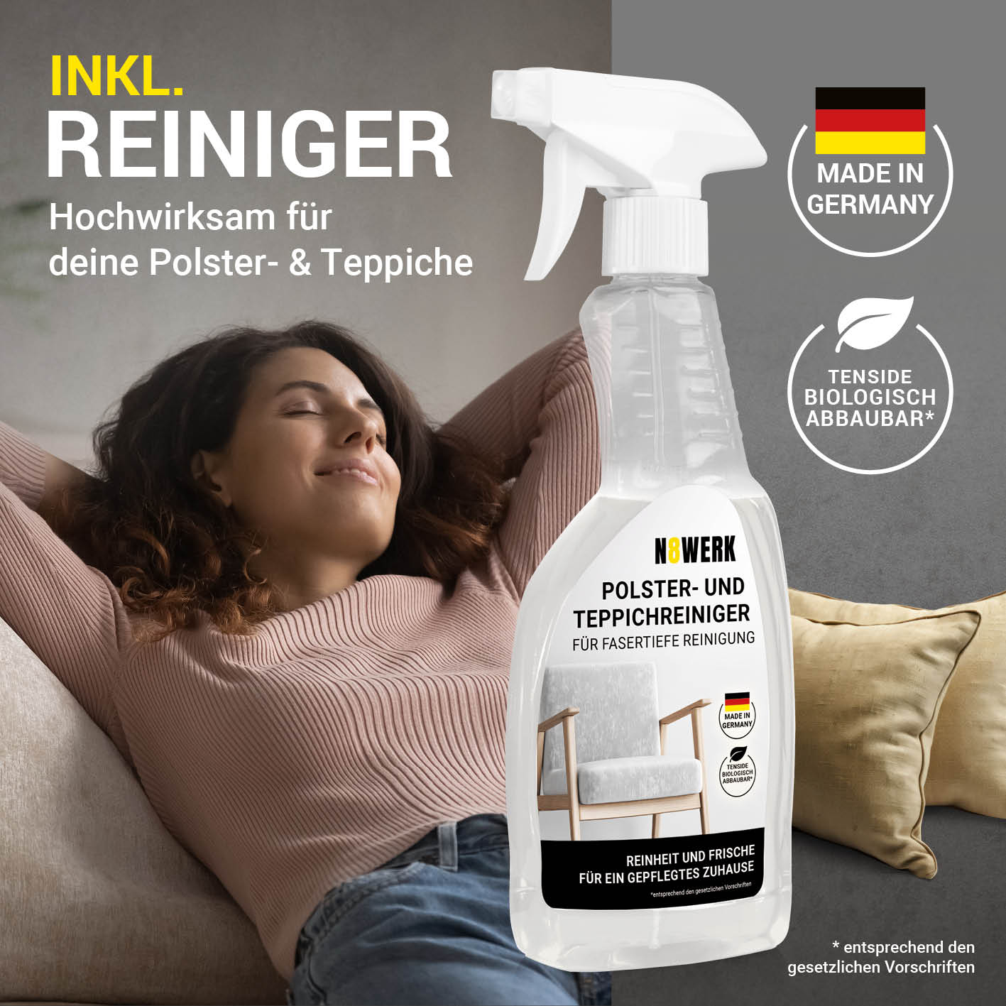 Polster- & Teppichreiniger mit Sprühfunktion, kraftvoll, biologisch abbaubar, Made in Germany, für gründliche Polster- und Teppichreinigung.