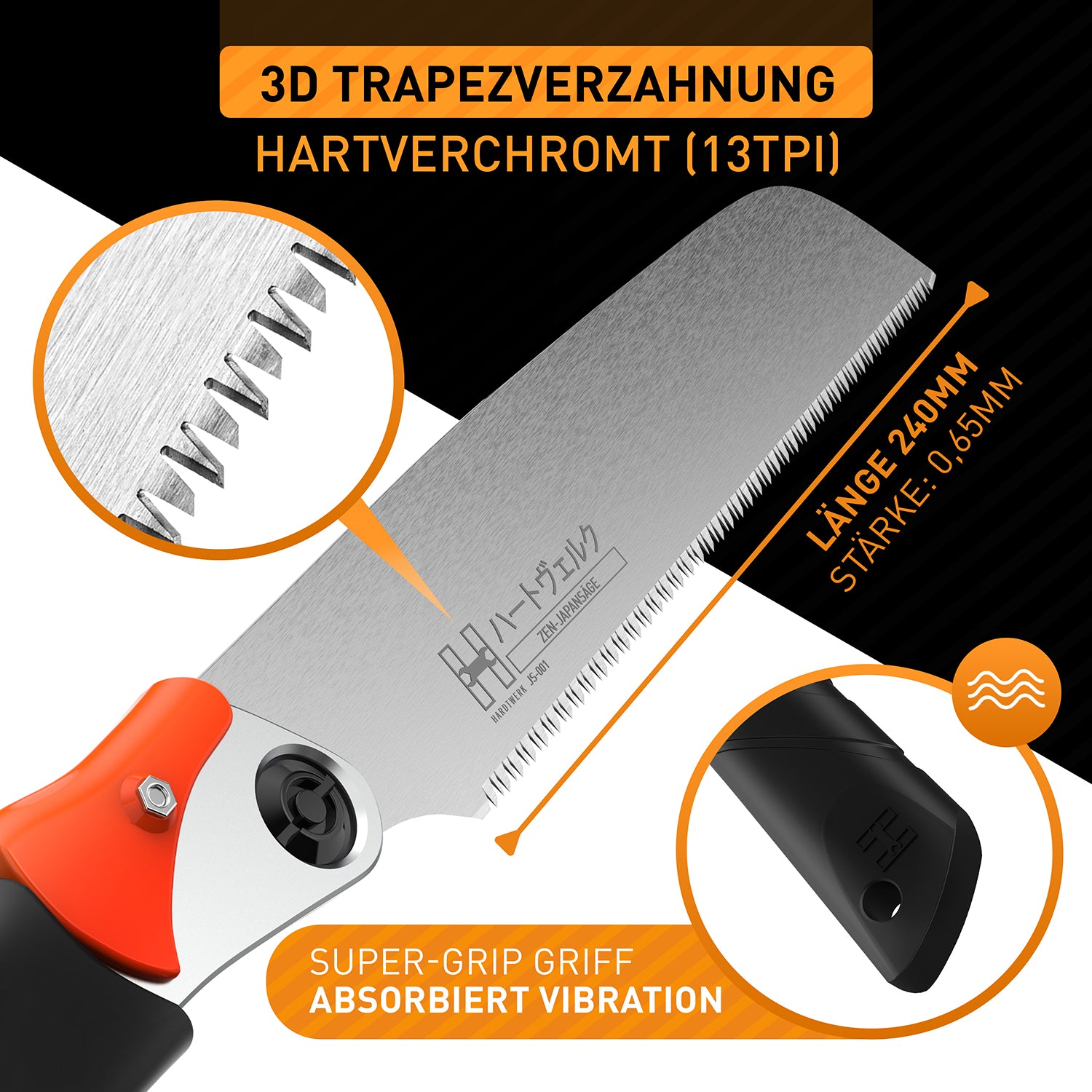 Japansäge klappbar - Blattlänge 240 mm mit 3D Trapezverzahnung, super-grip Griff und klappbarem Sägeblatt für präzise Schnitte.