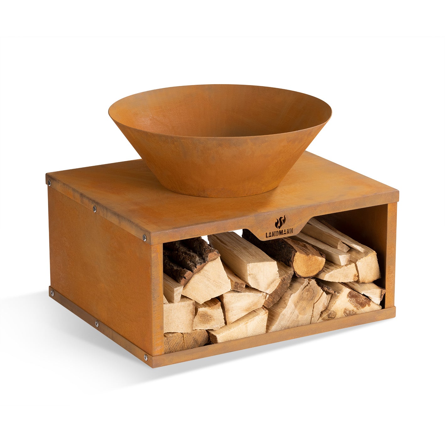 Feuerschale mit Holzlager - 60 x 50 x 54 cm aus korrosionsbeständigem Cortenstahl, praktischer Lagerplatz für Holzscheite, schlichtes Design.