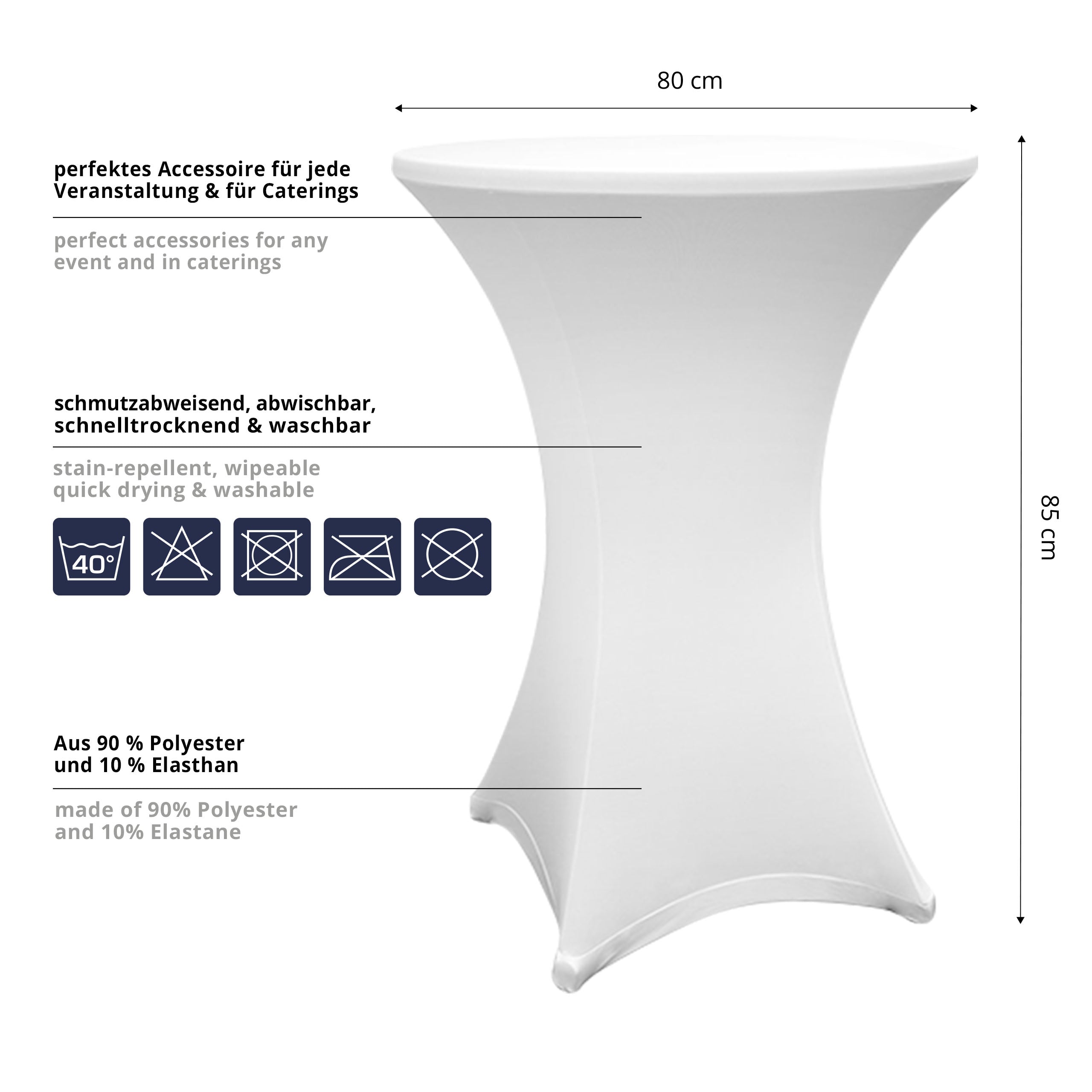 Stehtischhusse Ø 80-85 cm Weiß 10er-Set, schmutzabweisend, abwischbar, waschbar, schnell trocknend, aus Polyester und Elasthan.