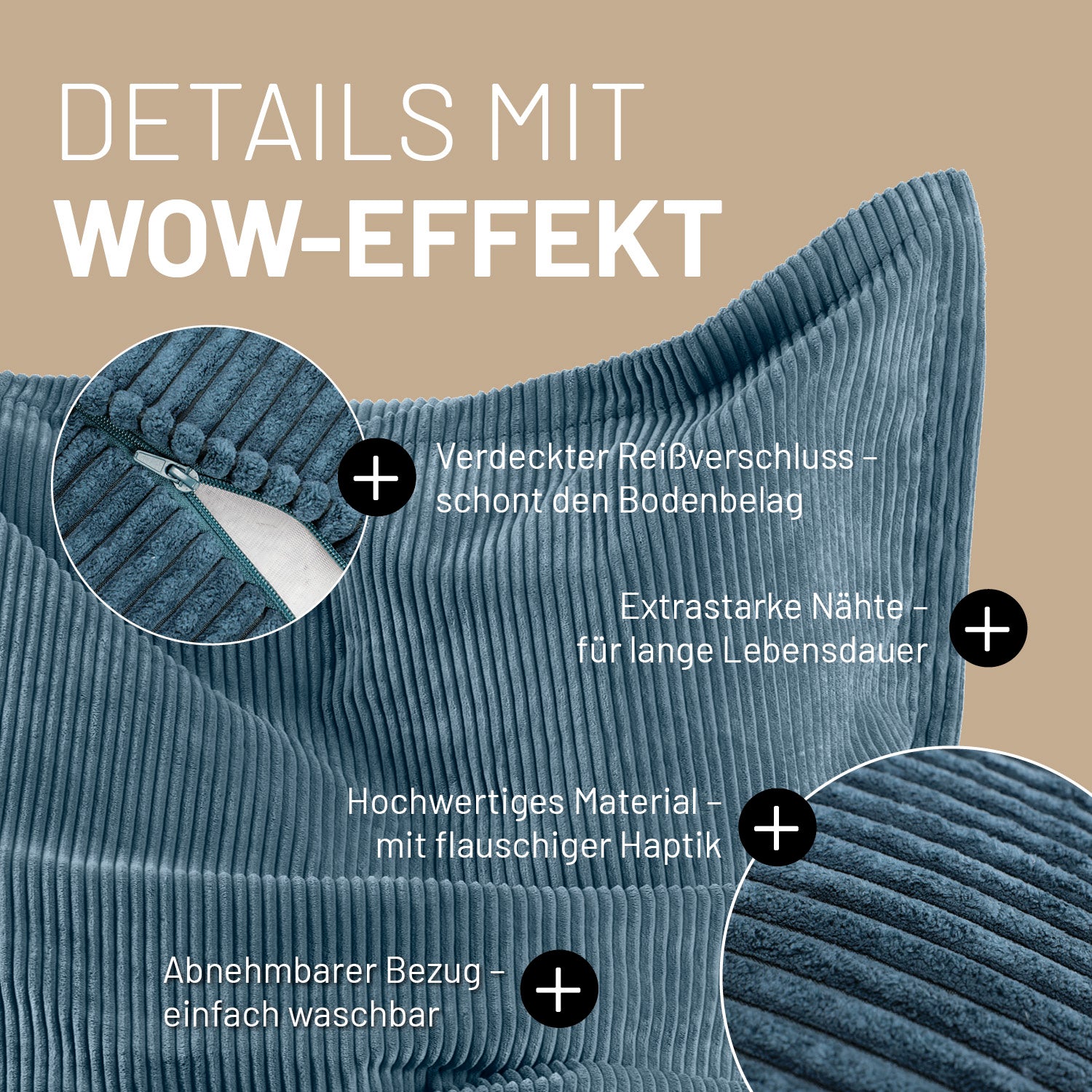 Sitzsack Classic XXL aus der LUMALAND Cord-Reihe - 380 L - 140 x 180 cm - Blau mit abnehmbarem, waschbarem Cordbezug und verdecktem Reißverschluss