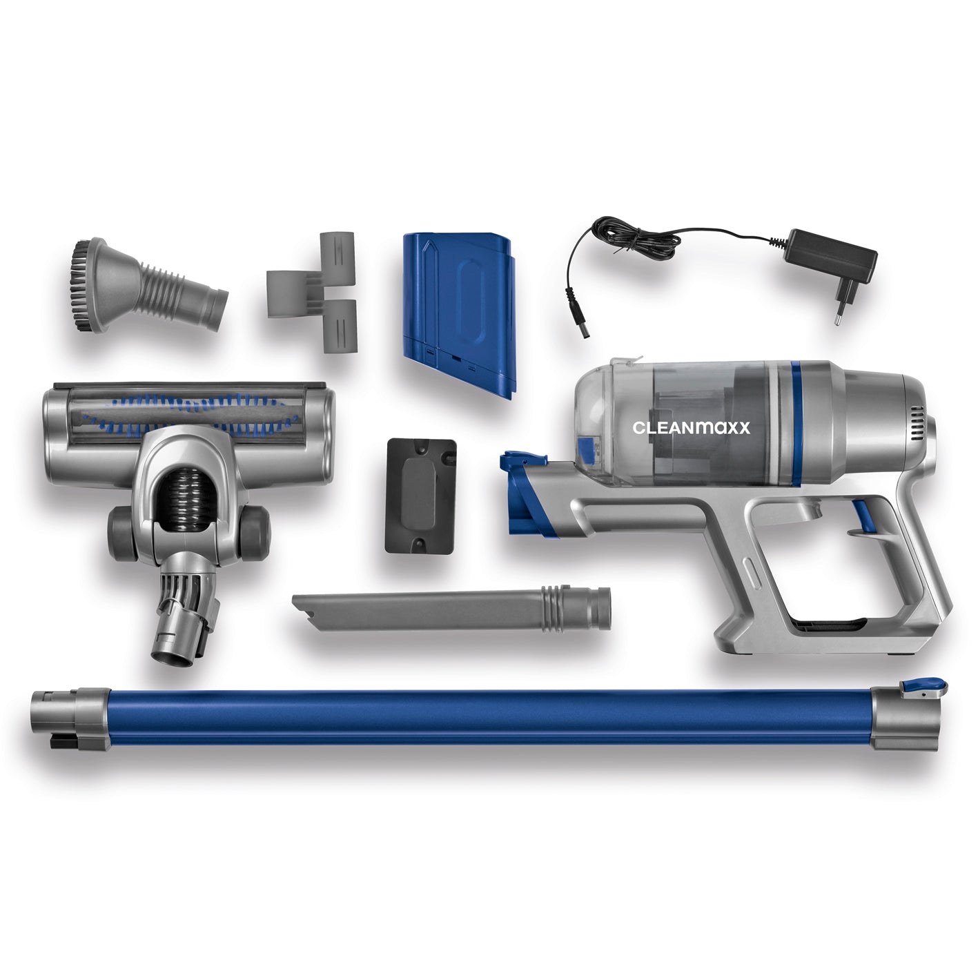 Akku-Zyklon-Staubsauger - silber/blau mit Zubehör, verstellbar bis 72 cm, beutellos, Akku bis 25 Min Laufzeit, LED Akkustandanzeige.