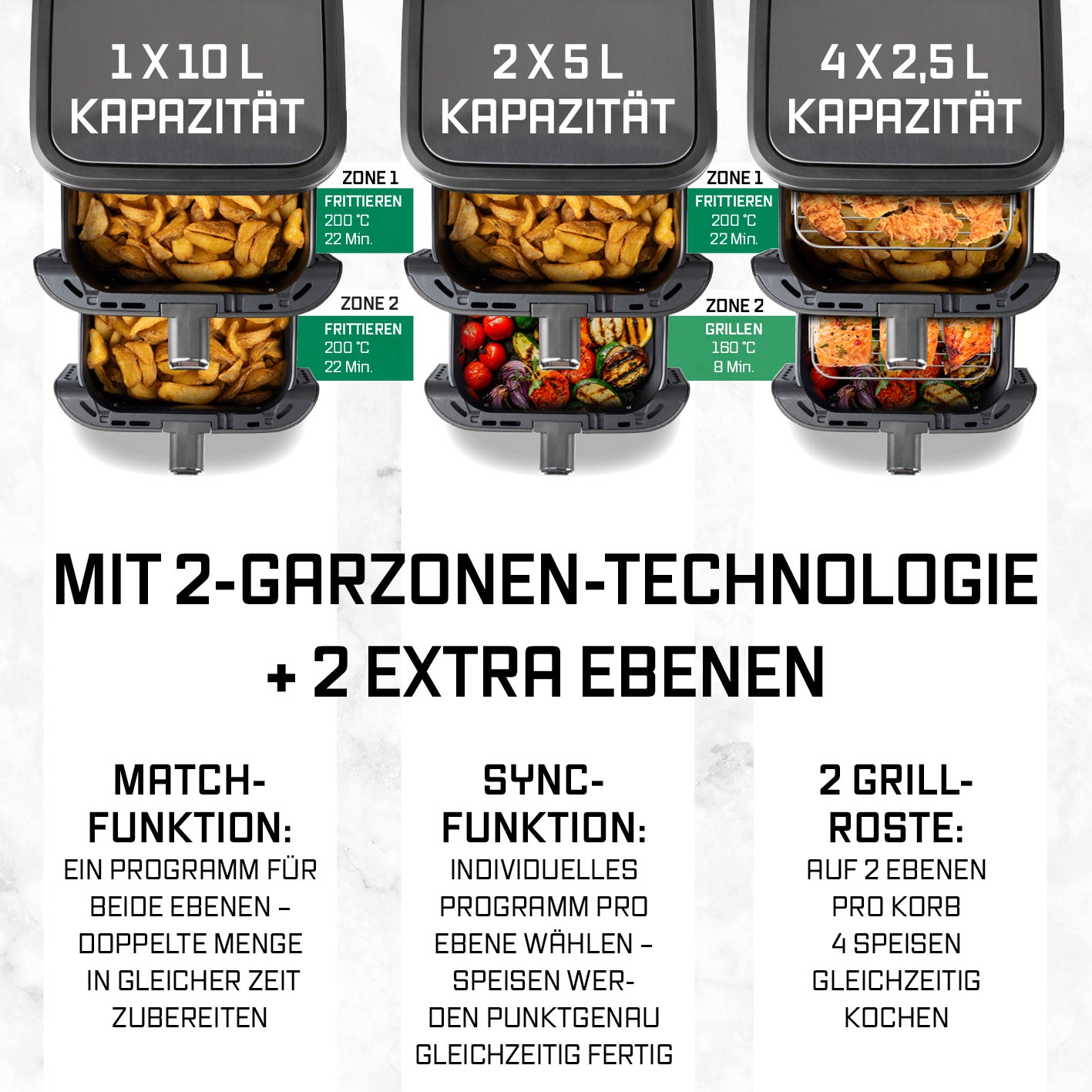 FryUp Vertikale Doppelkammer-Heißluftfritteuse - Grau mit 2 Garzonen und 2 Ebenen für flexibel gleichzeitiges Garen verschiedener Speisen.