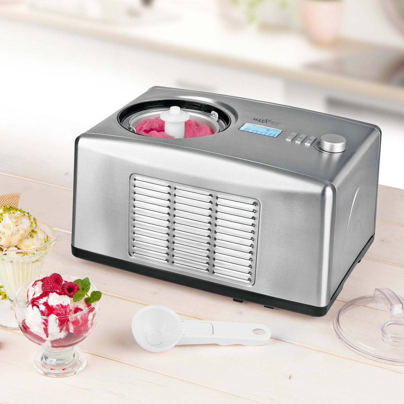 Eismaschine - Zubereitung von bis zu 1,5 l Milcheis, Fruchteis und mehr, Edelstahl, mit Kompressor und digitalem Timer.